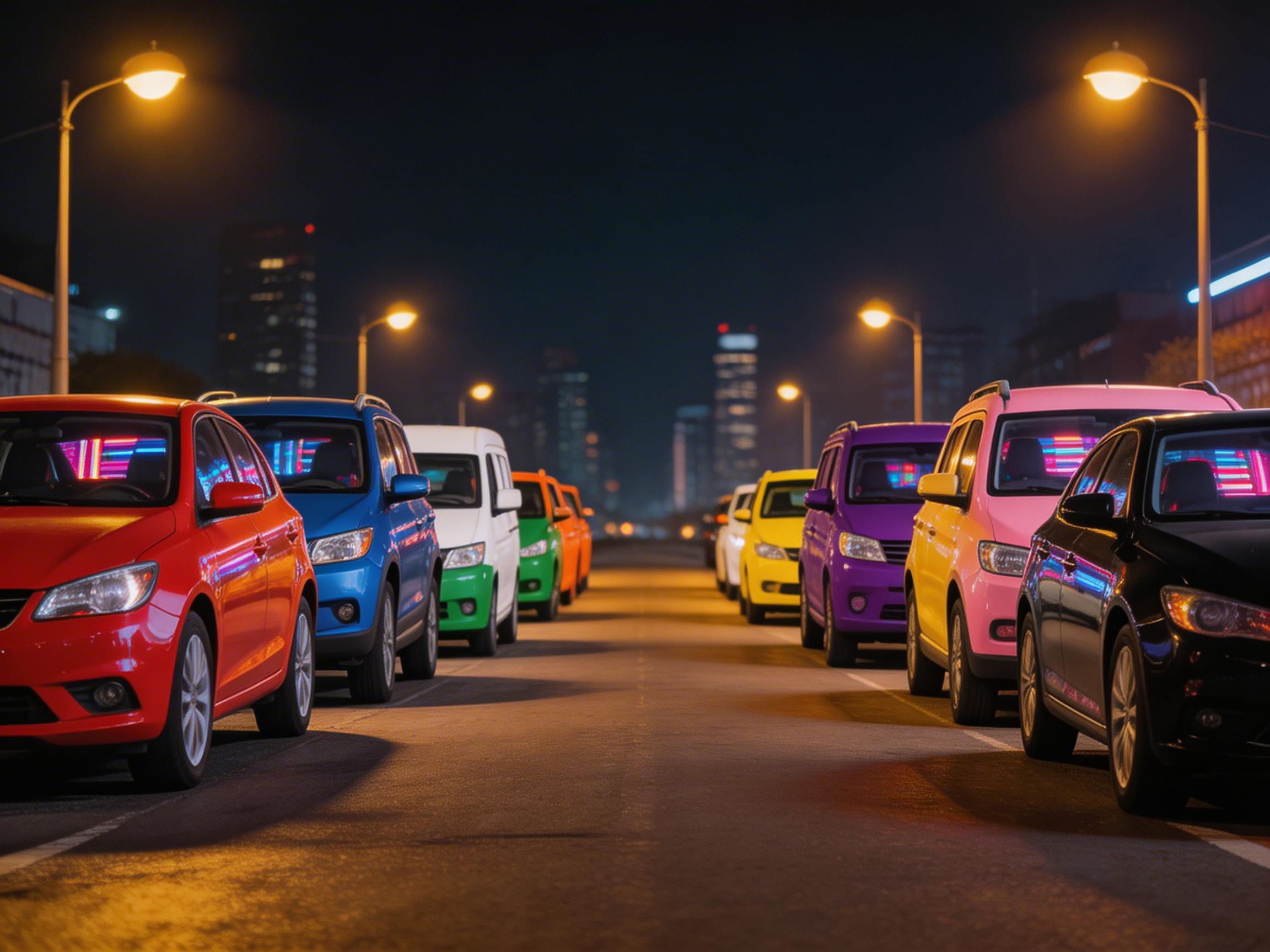 图中展示了一个夜晚的城市街道场景，两排色彩鲜艳的汽车整齐地停放在道路两侧。画面采用中心对称构图，视线随着空旷的柏油马路向远方延伸，背景是模糊的城市高楼剪影和昏黄的街灯。左侧车辆依次为红色、蓝色、白色和橙色，右侧则停放着黑色、粉色、紫色和黄色汽车。这些车辆的挡风玻璃上反射出霓虹灯般的粉蓝条纹光影，营造出一种赛博朋克风格。

画面中存在明显的 AI 生成缺陷：首先，车辆的比例和透视关系不协调，部分车轮显得扁平或与地面融合不自然。其次，车窗内的反射光影逻辑混乱，看起来像是贴在玻璃上的发光条而非真实反射。最明显的错误在于车辆细节的缺失与变形，例如左侧红色轿车的后视镜形状怪异，部分车辆的车灯轮廓模糊且不对称。此外，远处的街灯支架在黑暗中凭空消失，缺乏合理的结构支撑。