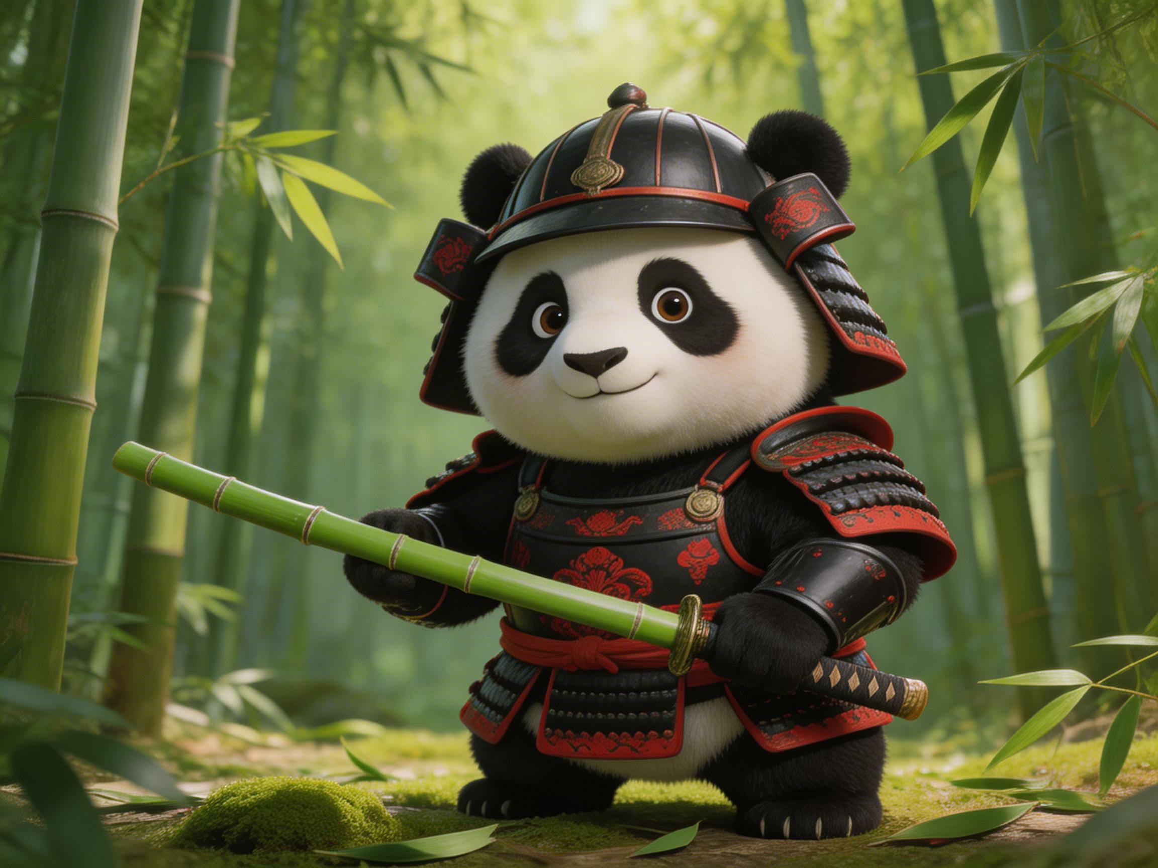 图中展现了一只神态憨厚可掬的大熊猫，它正身处一片翠绿葱郁的竹林之中。这只熊猫被打扮成了一位武士，全身穿着一套精致的黑红配色盔甲，头戴一顶带有护颊的武士头盔，甲片上点缀着红色的花纹，显得既威武又可爱。它圆滚滚的身体站立在布满青苔和落叶的地面上，双手横握着一根翠绿的竹竿，仿佛将其当作武士刀一般。背景中的竹林光影交错，营造出一种宁静而深邃的氛围。在 AI 生成的细节方面，存在一些明显的逻辑缺陷：熊猫左手握持的竹竿末端竟然长出了武士刀柄的缠绳结构，且竹竿的节疤分布不自然；此外，熊猫右手的爪子与竹竿的接触位置显得模糊，缺乏真实的抓握感，盔甲的边缘结构在透视上也略显生硬。