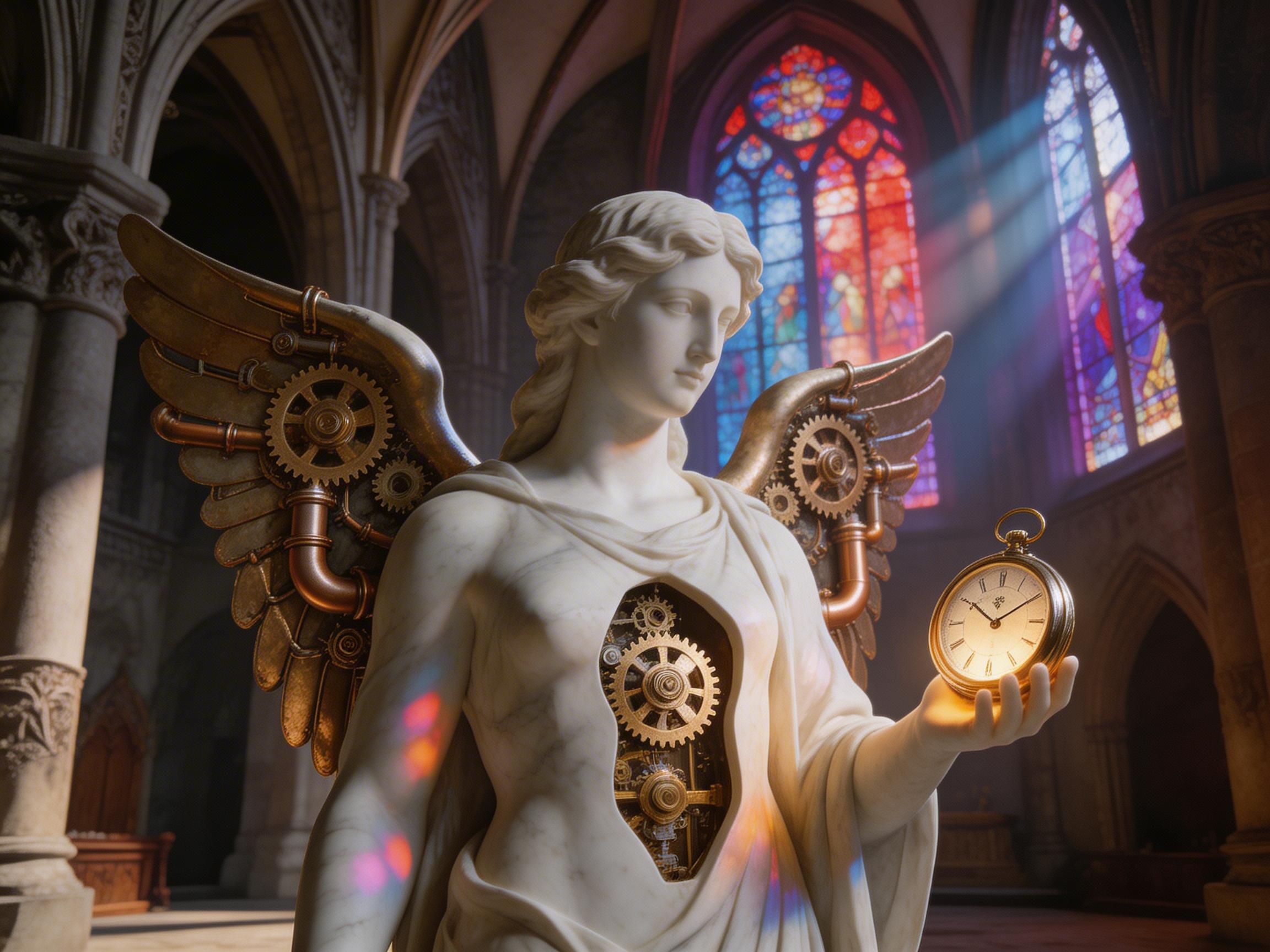 图中展现了一尊融合了古典艺术与蒸汽朋克风格的大理石天使雕像，背景是一座宏伟的哥特式教堂。天使拥有洁白的石质肌肤和卷曲的长发，神情静谧地注视着左手托起的一枚金色怀表。特别的是，天使的胸口开裂，露出内部精密的金色齿轮机构，其背后的金属羽翼也镶嵌着齿轮与铜管。阳光穿过背景中绚丽的彩色花窗投射下蓝色光柱，并在雕像上留下斑斓的光影。在 AI 生成细节方面，存在明显的逻辑缺陷：天使左手的指缝处结构模糊，怀表的表盘刻度杂乱且指针指向不明，缺乏真实的计时逻辑。此外，翅膀上的齿轮与羽毛的连接处透视略显生硬，胸腔内的机械结构虽然复杂，但缺乏明确的物理支撑逻辑。整体构图庄重，色彩对比鲜明。