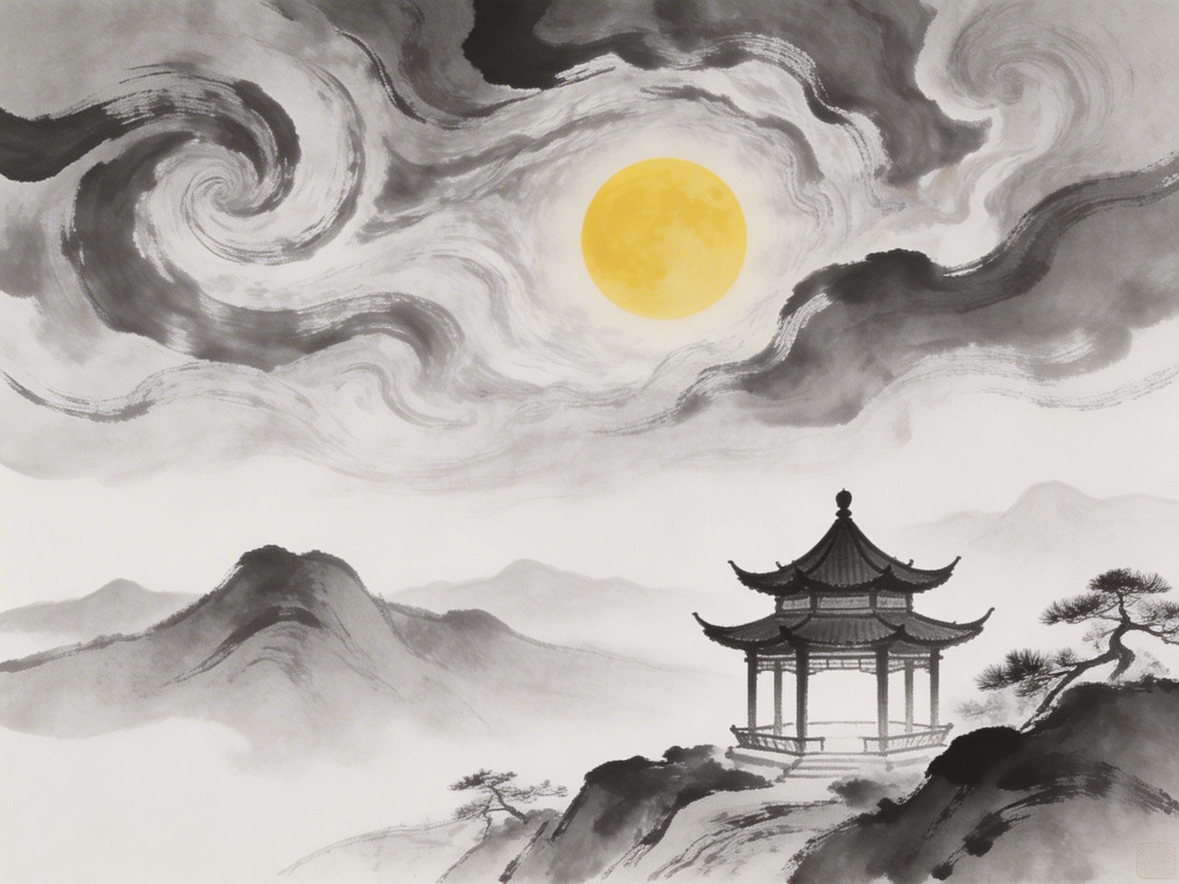 图中展现了一幅融合了中国传统水墨画风格与梵高《星月夜》构图元素的创意画作。画面上方是翻腾的浓墨云气，以螺旋状和波浪状的笔触勾勒出动感十足的天空，中心悬挂着一轮明亮的金黄色圆月，在黑白灰的基调中格外醒目。画面下方描绘了宁静的山间景色，右侧山崖上立着一座精致的黑色中式凉亭，其飞檐翘角轮廓清晰，旁边点缀着几株苍劲的松树。远景则是层层叠叠、虚实相间的淡墨山峦，营造出深远的意境。

作为 AI 生成的图像，画面存在一些逻辑和细节上的瑕疵：凉亭的柱子与基座连接处显得模糊且透视略显生硬，缺乏真实的结构支撑感；左侧云层的螺旋纹理过于机械重复，带有明显的算法生成痕迹；此外，右下角的红色落款印章非常模糊，无法辨认具体字迹。整体而言，这幅画成功模拟了水墨的晕染效果，但在建筑细节的严谨性上仍有欠缺。