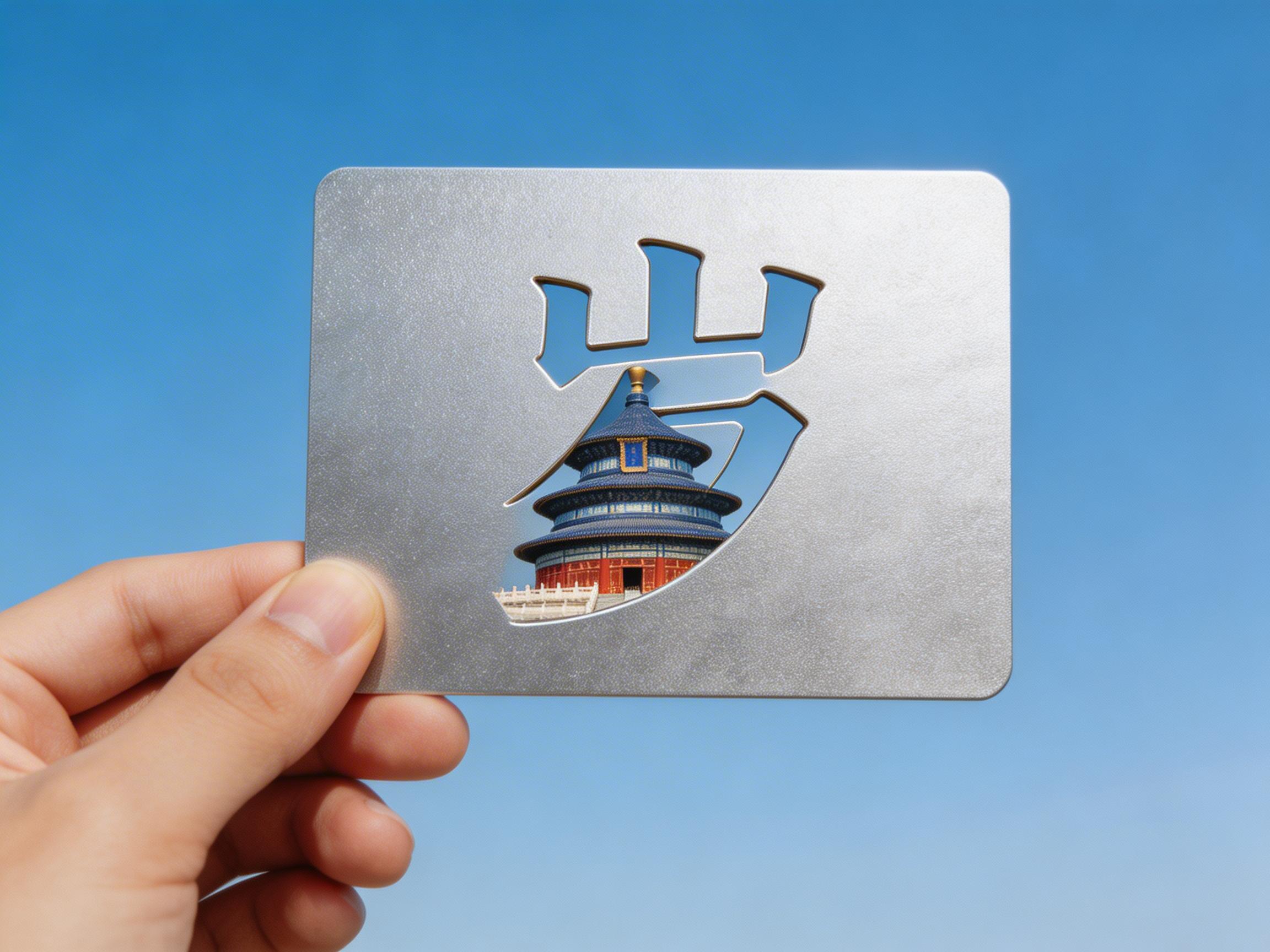 图中展示了一只左手拿着一张银灰色金属质感的镂空卡片，背景是纯净明亮的蓝色天空。卡片中心镂空出了一个汉字，形状介于“岁”字与“岸”字之间，结构并不标准。通过这个镂空处，可以看到远处的北京天坛祈年殿，建筑细节清晰，拥有标志性的蓝色琉璃瓦三重檐和红色墙体。构图上，手部位于画面左下角，卡片占据中心位置，利用镂空形成了“景中景”的视觉效果。画面整体色调清新，光线自然。明显的 AI 生成缺陷在于：镂空的汉字笔画结构逻辑混乱，无法准确辨认为某个特定汉字；此外，手部持卡的方式略显生硬，指尖与卡片的接触边缘过于锐利，缺乏自然的压痕，且天坛建筑在镂空框内的透视关系与背景天空略有脱节。