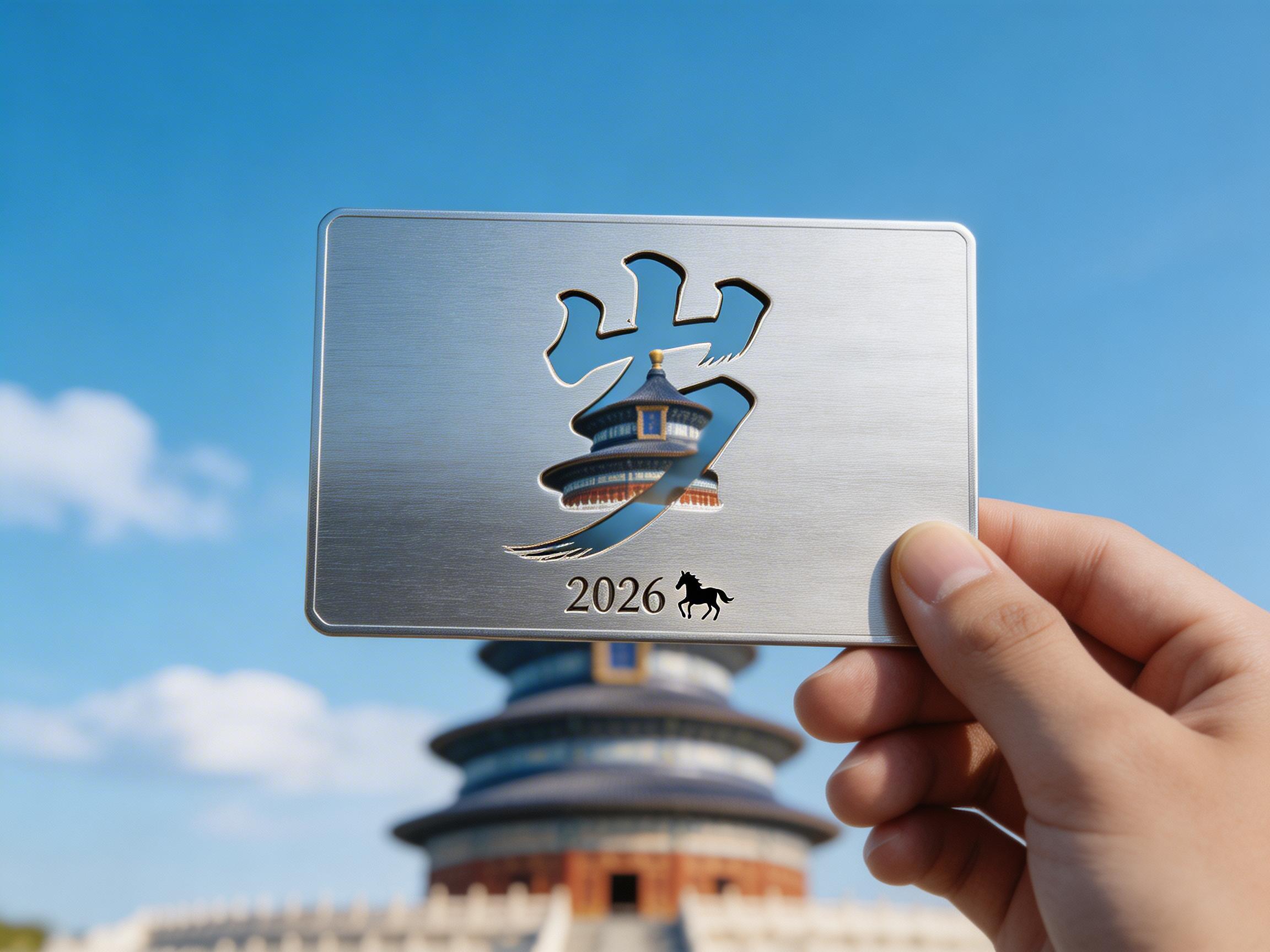 图中展示了一只右手拿着一张银色拉丝质感的金属卡片，背景是晴朗蓝天下模糊的天坛祈年殿。卡片中心有一个镂空的汉字，形状介于“岁”字与“岸”字之间，通过镂空处可以清晰看到远处天坛的建筑细节。卡片下方印有数字“2026”和一个黑色的马形剪影。构图采用了前景聚焦、背景虚化的手法，色调清新自然。画面中存在明显的 AI 生成缺陷：首先，卡片上的镂空汉字并非标准字体，笔画结构扭曲且不符合常规汉字逻辑；其次，虽然数字是 2026 年，但旁边的生肖图案却是马，而 2026 年对应的生肖应该是马，此处逻辑正确，但马的剪影线条略显生硬；最明显的异常在于持卡的手部，手指的关节连接处显得不够自然，且卡片的边缘与手指的接触位置存在轻微的透视重叠错误。