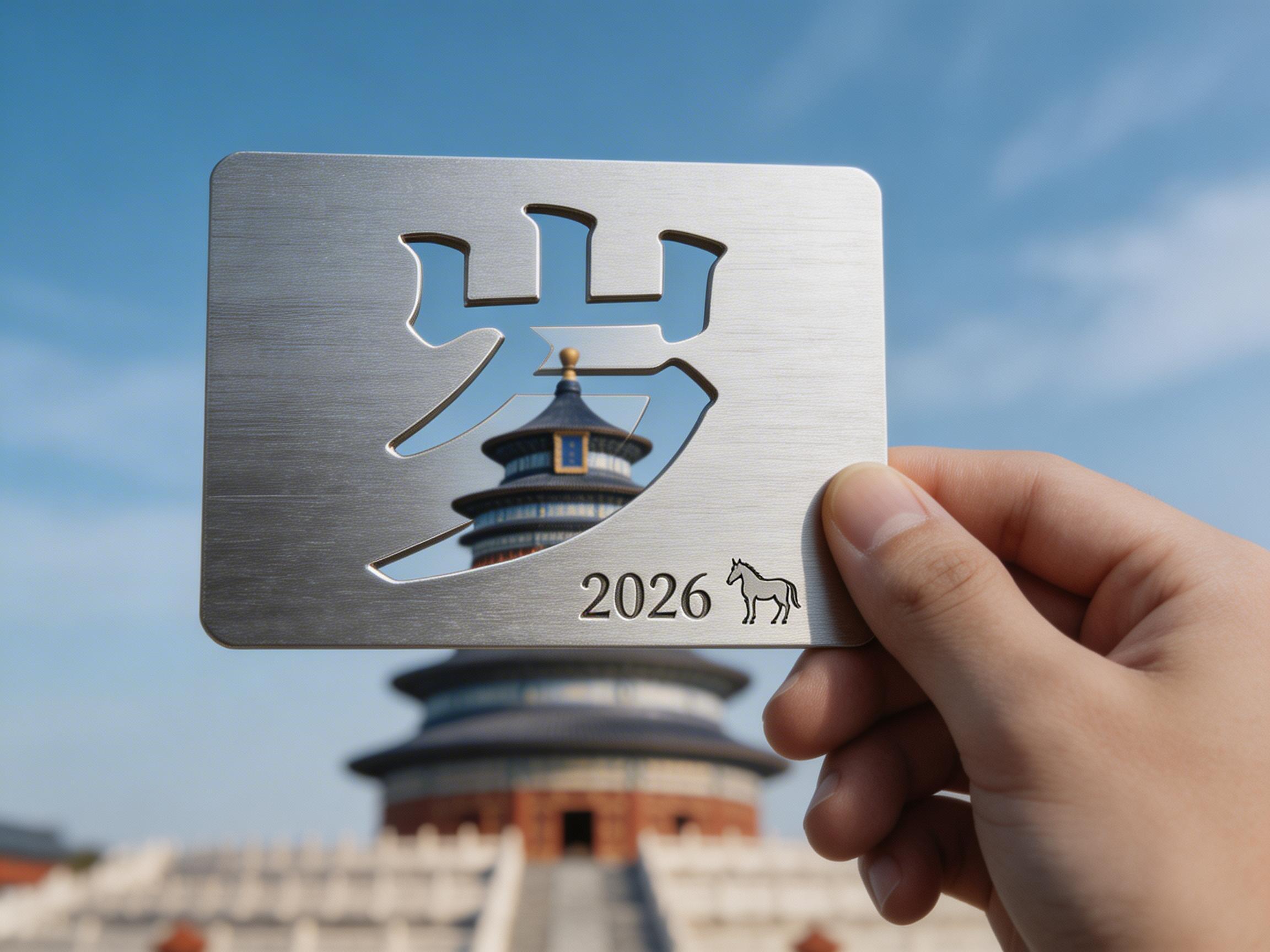 图中展示了一只右手拿着一张银色拉丝质感的金属卡片，背景是晴朗蓝天下的北京天坛祈年殿。金属卡片的中心被镂空成一个巨大的汉字，这个字看起来像是“岁”字的变体，通过镂空处正好可以看到远处背景中天坛的顶部。卡片的右下角刻有数字“2026”和一个简笔画风格的马形图案。画面构图采用了前景聚焦、背景虚化的手法，色彩清新自然。

在 AI 生成的细节方面，存在明显的逻辑和结构缺陷：首先，镂空的汉字结构并不完全符合标准汉字，笔画连接处显得生硬且不自然。其次，最明显的错误在于卡片右下角的马形图案，2026 年在中国传统生肖中应为马年，但画面中的马有五条腿，且身体线条扭曲。此外，持卡的手指边缘略显模糊，指甲形状不够自然，卡片边缘与手指的接触位置也存在轻微的透视重叠异常。