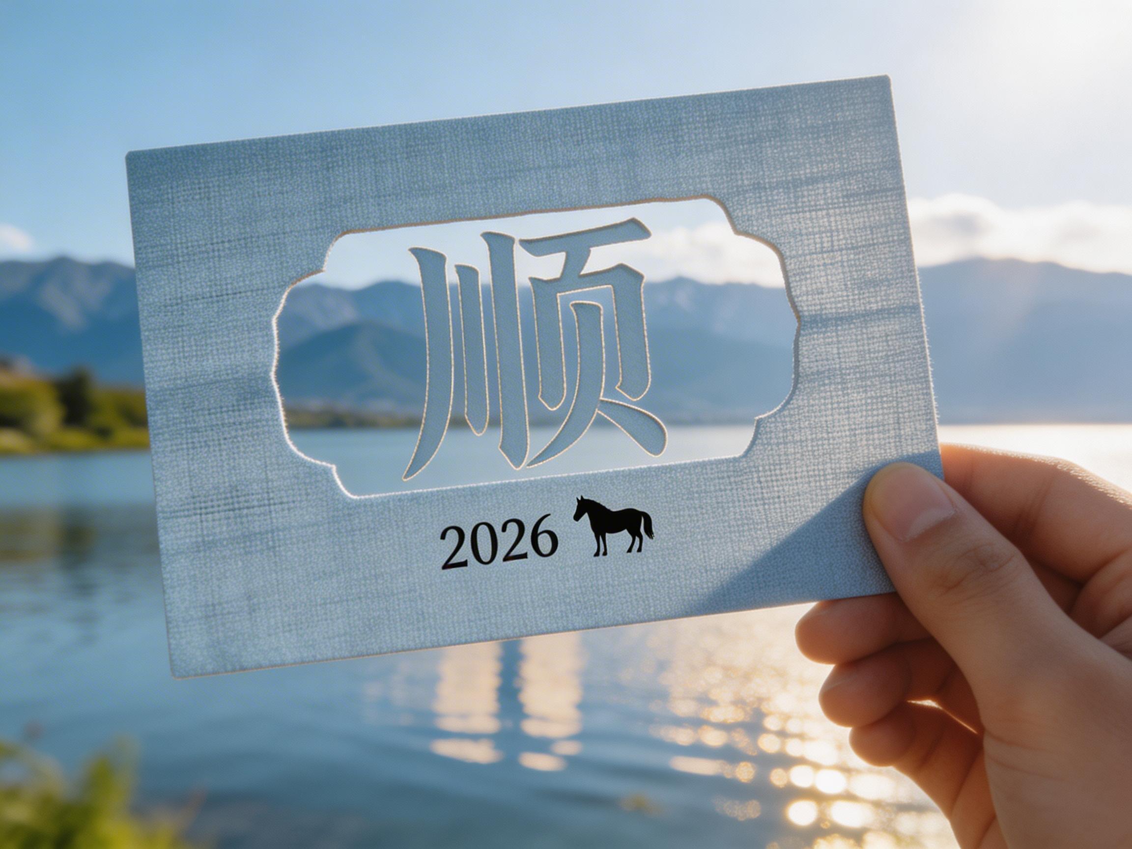 图中展示了一只右手拿着一张浅蓝色布纹质感的卡片，背景是波光粼粼的湖泊和远处的连绵山脉，阳光从右侧洒下，画面色调明亮清新。卡片中心有一个镂空的边框，中间是一个巨大的镂空汉字「顺」，寓意顺遂。在汉字下方印有数字「2026」和一个黑色的马匹剪影。构图上，卡片占据了画面中心，透过镂空部分可以看到背景中模糊的山水景色。

画面中存在明显的 AI 生成缺陷：首先，镂空汉字「顺」的结构不符合物理常识，文字的笔画悬浮在空中，没有任何连接点支撑在卡片框架上，这在现实的剪纸或镂空工艺中是不可能实现的。其次，持卡片的手部细节处理欠佳，手指的关节褶皱显得有些生硬且不自然。此外，卡片下方的数字「2026」与马的剪影在透视上过于平整，缺乏纸张表面的纹理融合感。