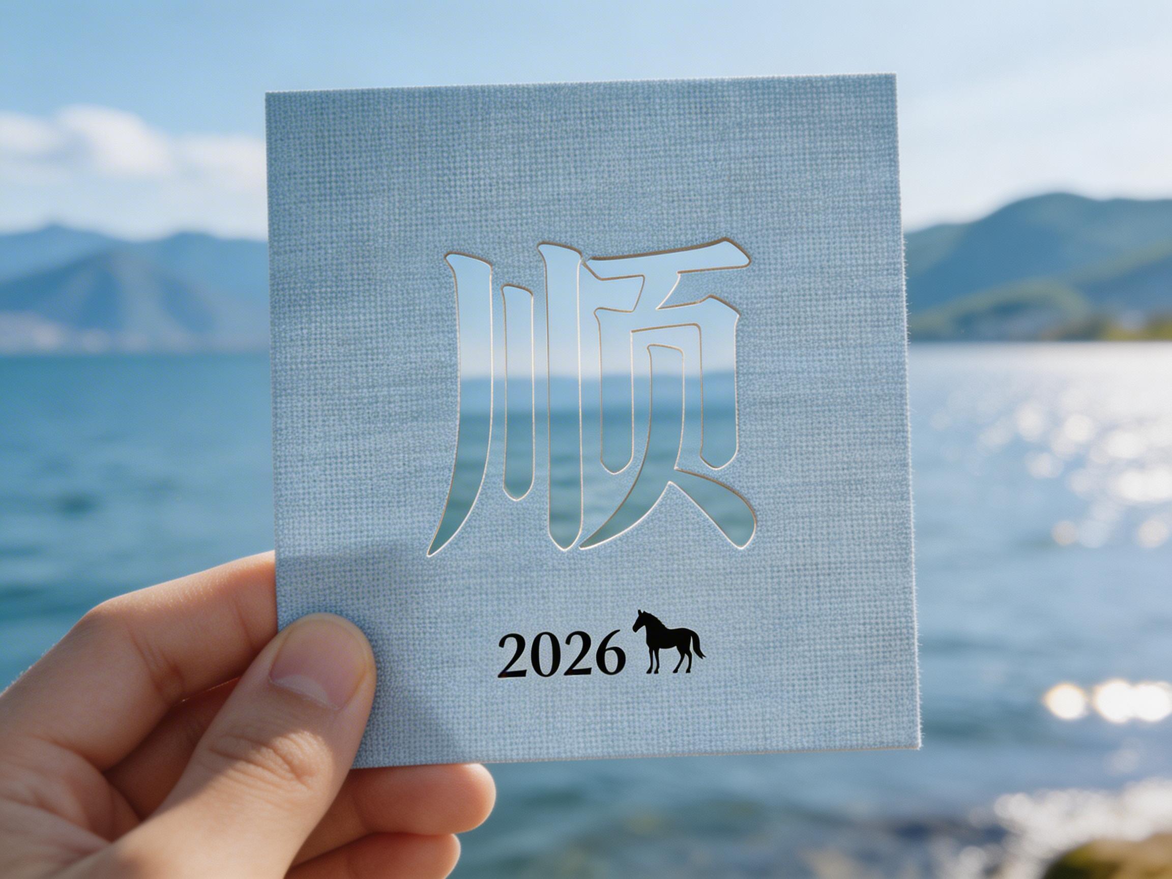 画面中，一只手在户外湖光山色背景下，捏着一张浅蓝色布纹质感的正方形卡片。卡片中心采用了镂空工艺，刻出一个巨大的汉字「顺」，透过镂空处可以看到背景中波光粼粼的湖水与远山。卡片下方印有黑色的数字「2026」以及一个马的剪影。背景是明亮的自然风光，湖水呈碧蓝色，远处的山脉连绵起伏，阳光洒在水面上形成点点光斑。

这张图片存在明显的 AI 生成缺陷：首先，卡片下方的马剪影与年份不符，2026 年在中国传统生肖中是马年，但画面中的马剪影出现了严重的形态畸形，它长出了五条腿，且腿部线条杂乱交织。其次，手部细节处理不自然，大拇指的指甲形状略显生硬，且手指与卡片接触的边缘缺乏真实的物理压痕。此外，卡片左侧边缘在手指捏住的地方出现了轻微的透视扭曲，与整体平整的布纹质感略有违和。