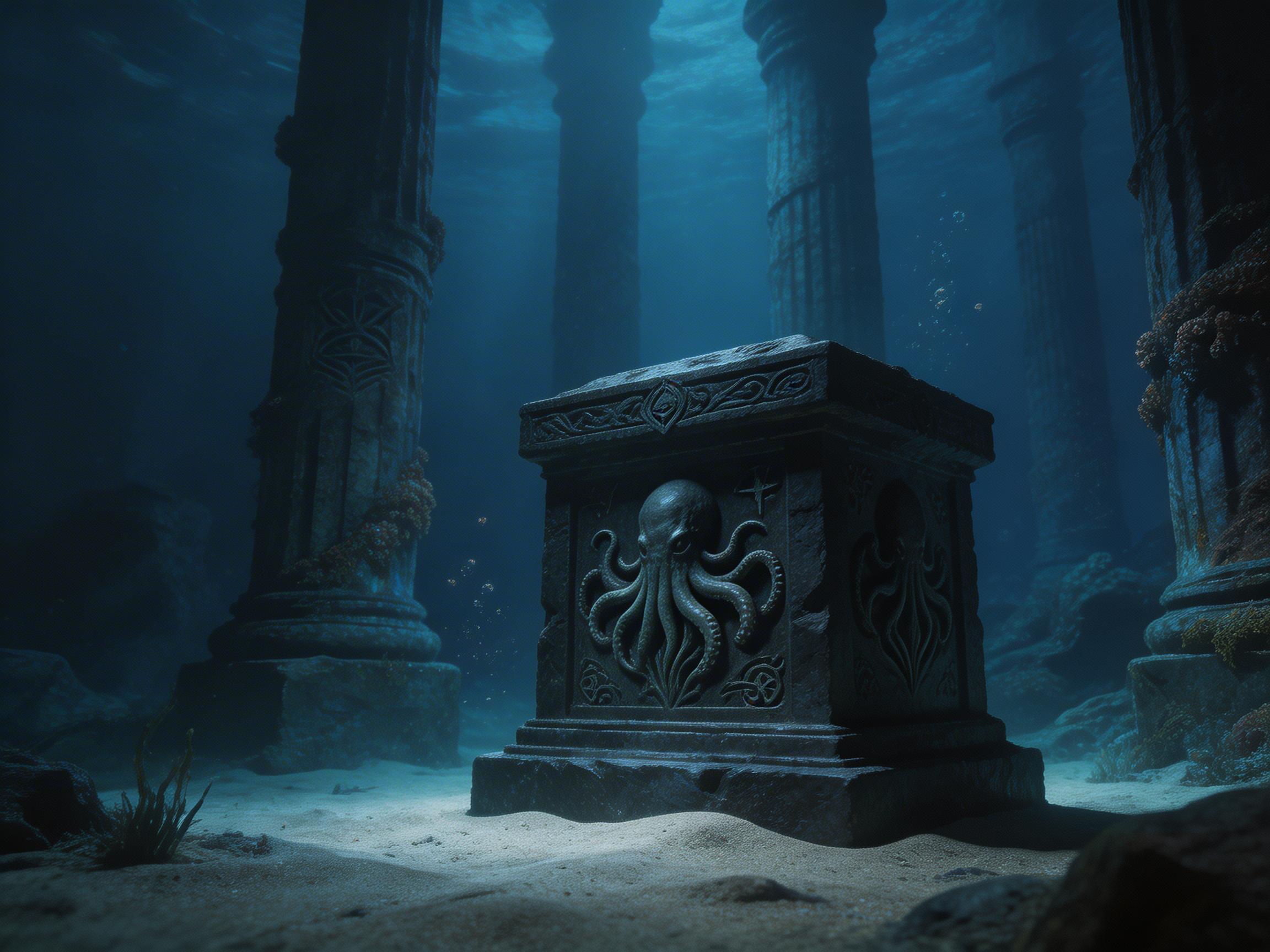 图中展现了一个幽暗而神秘的深海遗迹场景。画面中央矗立着一个沉重的方形石质祭坛或底座，其正面雕刻着一只巨大的章鱼浮雕，触手向四周舒展，充满了克苏鲁风格的神秘感。祭坛周围环绕着几根巨大的、带有古老纹路的石柱，它们向上延伸，消失在深蓝色的海水中。光线从上方水面透射下来，形成斑驳的波纹光影，照亮了细软的海沙地面。色调以冷峻的深蓝色和灰黑色为主，营造出一种静谧且压抑的氛围。在 AI 生成的细节方面，画面右侧石柱上的珊瑚纹理略显模糊且重复，祭坛顶部的装饰花纹在透视上略有不协调，左侧背景中漂浮的气泡分布过于均匀，显得不够自然，但整体构图完整，成功传达了海底遗迹的宏大感。