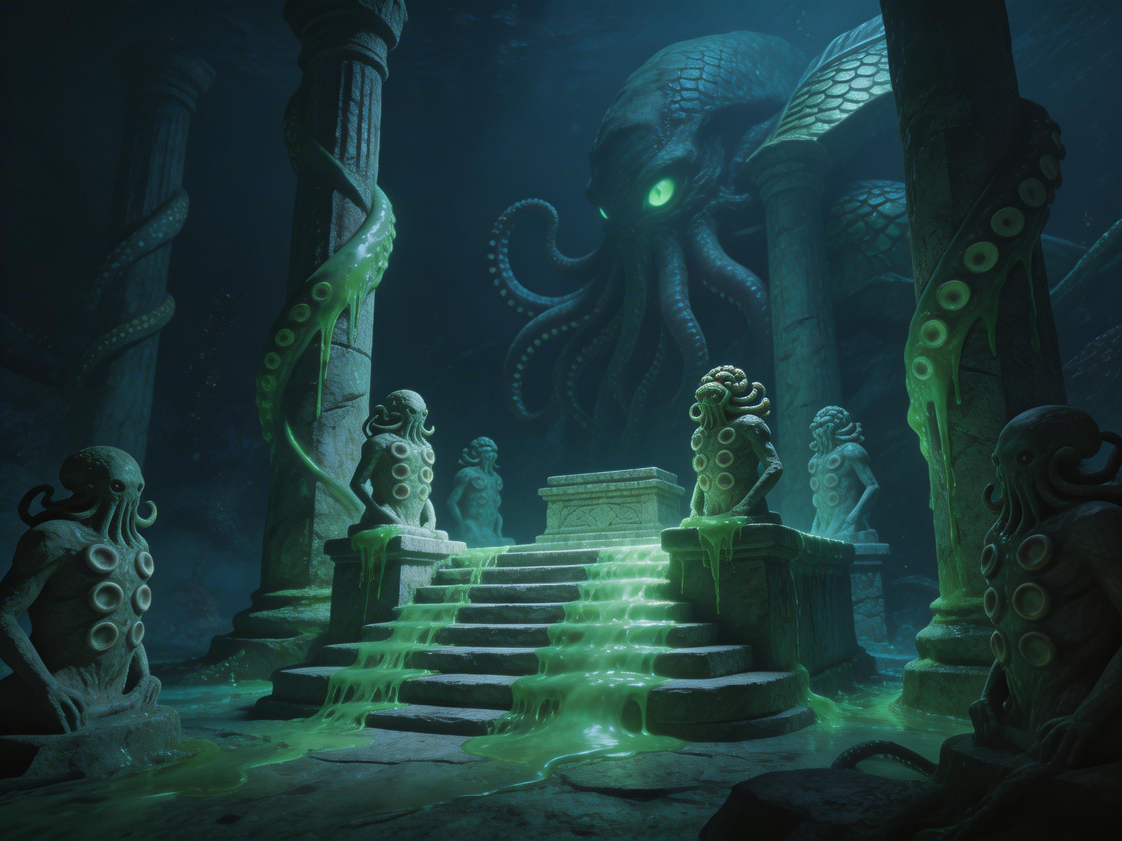 图中展现了一个充满克苏鲁神话风格的深海遗迹场景。画面整体色调阴暗，以幽深的暗蓝色和诡异的发光绿色为主。构图中心是一个带有阶梯的石质祭坛，淡绿色的粘稠液体正从祭坛上方如瀑布般流下，铺满了台阶。祭坛周围矗立着数尊章鱼头人身的石像，它们的神态肃穆而诡异。背景中，一头巨大的克拉肯深海巨兽正从阴影中浮现，它拥有巨大的触手和一双散发着强烈绿光的眼睛，正注视着祭坛。画面两侧的石柱被巨大的绿色触手缠绕，透出一种压抑的恐怖感。作为 AI 生成的图像，画面存在一些逻辑缺陷：左侧第二根石柱上的触手在空间缠绕关系上显得生硬，仿佛直接贴在柱面上；祭坛台阶上的绿色液体流动路径不符合自然的重力透视，显得过于平整且缺乏厚度变化；此外，背景巨兽的身体结构与远处的建筑阴影融合得不够自然，存在明显的边缘模糊和透视重叠问题。