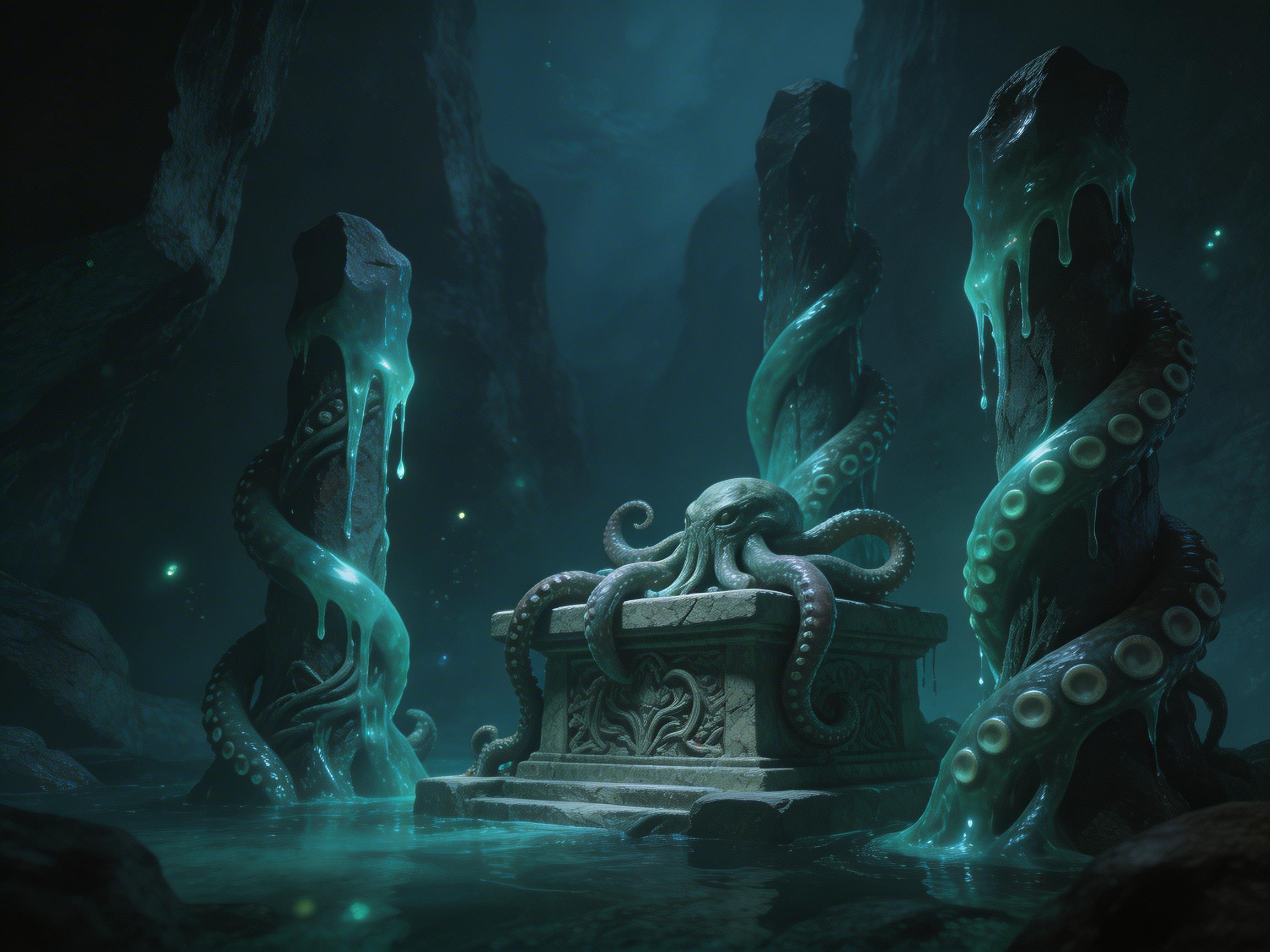 图中展示了一个充满克苏鲁神话风格的深海祭坛场景。画面中央是一个古老的石质祭台，上面雕刻着精美的花纹，一只巨大的章鱼正趴在祭台上方，触手向四周蔓延。祭台两侧矗立着三根高大的石柱，粗壮的触手缠绕其上，石柱顶端流淌着半透明的青绿色粘稠液体，仿佛正在融化。整个场景沉浸在幽暗的深蓝色调中，水面上漂浮着点点荧光。在 AI 生成的细节方面，存在一些逻辑缺陷：最右侧石柱上的触手吸盘排布过于规整且显得扁平，缺乏立体感；中间章鱼的触手与祭台边缘的衔接处显得有些模糊，部分触手的生长方向不符合解剖逻辑；此外，背景中的岩石纹理在远近交界处显得有些生硬，缺乏自然的景深过渡。总体而言，画面营造了一种压抑且神秘的超自然氛围。
