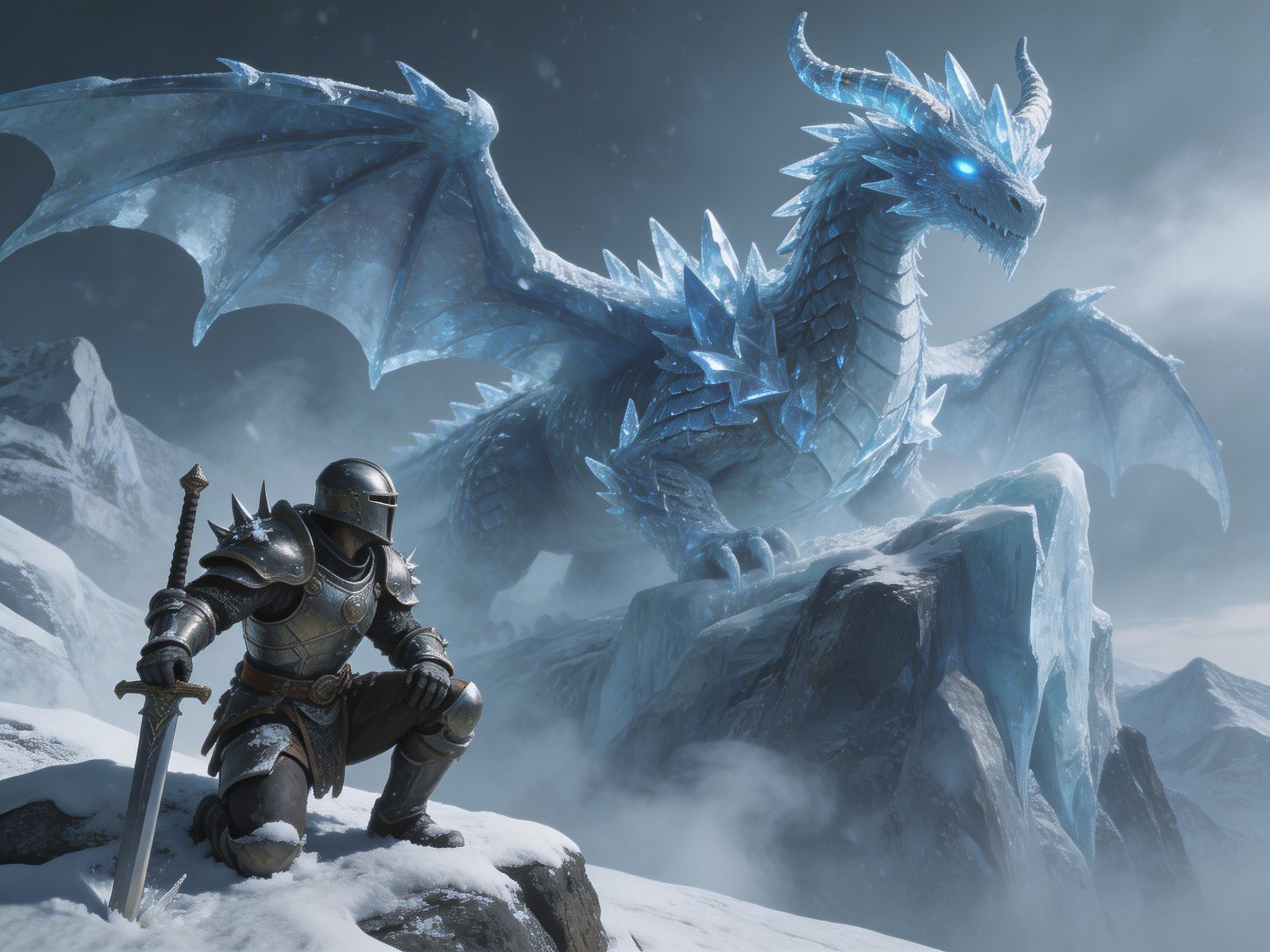 图中展现了一个充满奇幻色彩的冰雪世界。画面左前方，一名身穿深色金属盔甲的骑士单膝跪在雪地上，右手扶着一把插入雪中的长剑，显得庄重而警惕。画面右后方，一只巨大的冰霜巨龙傲然立于陡峭的冰岩之上，它全身覆盖着半透明的蓝色冰晶鳞片，双眼闪烁着寒冷的蓝光，巨大的翅膀半张开，气势威严。背景是连绵的雪山和灰蒙蒙的天空，空气中弥漫着寒气。整体色调以冷蓝色、白色和金属灰为主，构图呈现出一种人类与巨兽对峙的史诗感。在 AI 生成细节方面，存在一些明显的逻辑缺陷：骑士右手握剑的方式略显僵硬，手指与剑柄的融合不够自然；巨龙左侧翅膀的骨架结构与身体的连接处显得模糊且不符合解剖逻辑；此外，骑士左脚下方的雪地阴影与身体的透视关系略有偏差，显得有些悬浮。