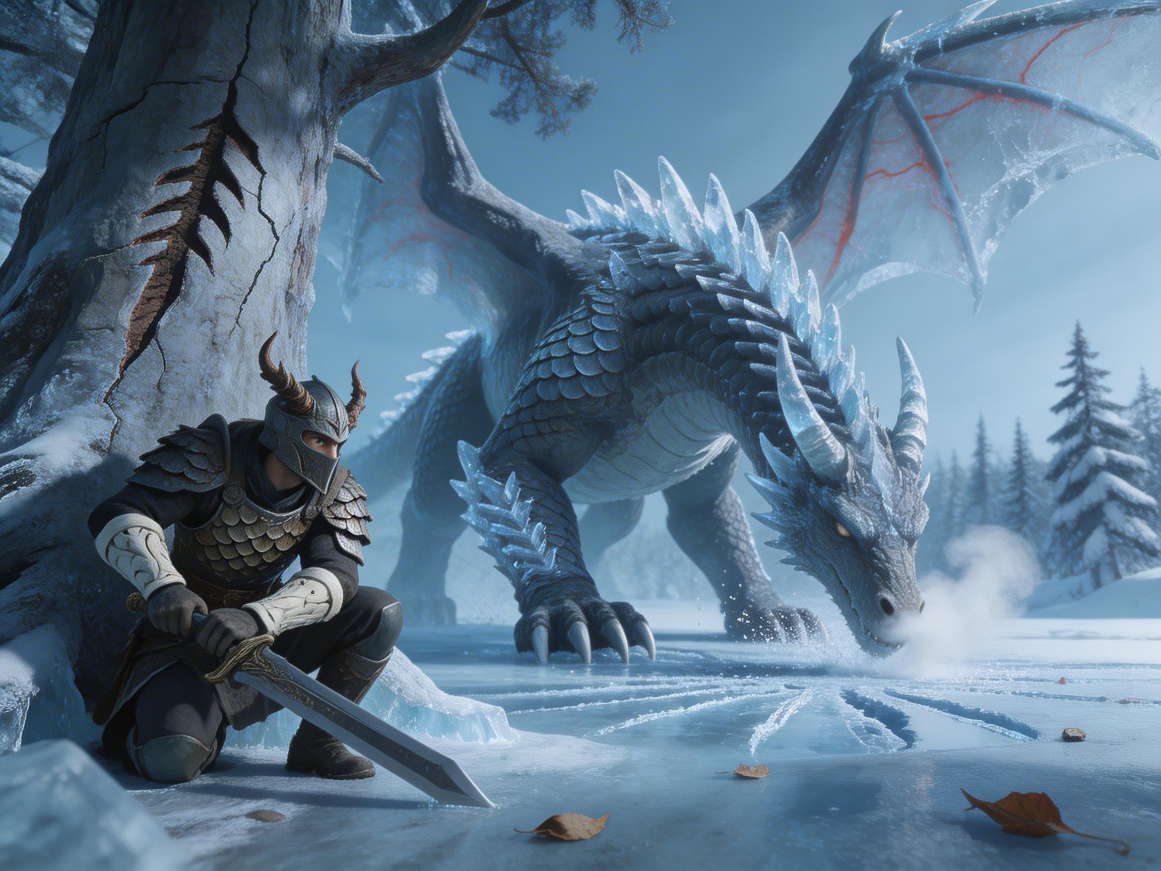 图中展现了一个充满奇幻色彩的冰雪世界。左侧前景中，一名身着深色鳞甲、头戴双角头盔的战士正蹲伏在一棵巨大的古树后，他双手紧握长剑，神情警惕，似乎在躲避某种威胁。画面中央是一条巨大的冰霜巨龙，它浑身覆盖着灰蓝色的鳞片，背部和关节处长满了晶莹剔透的冰晶刺，正低头在冰面上嗅探，鼻息化作白雾。背景是白雪皑皑的森林和淡蓝色的天空，整体色调冷峻。构图上利用树干作为遮挡，营造出一种紧张的对峙感。在 AI 生成的细节方面，存在明显的逻辑缺陷：战士左手抓握剑柄的位置与手指结构显得模糊且不自然；巨龙右前爪下方的冰面裂纹呈放射状，但与爪子的受力位置并不完全吻合；此外，巨龙左翼根部与身体的连接处透视略显生硬，树干上的纹理也显得有些重复和不规则。
