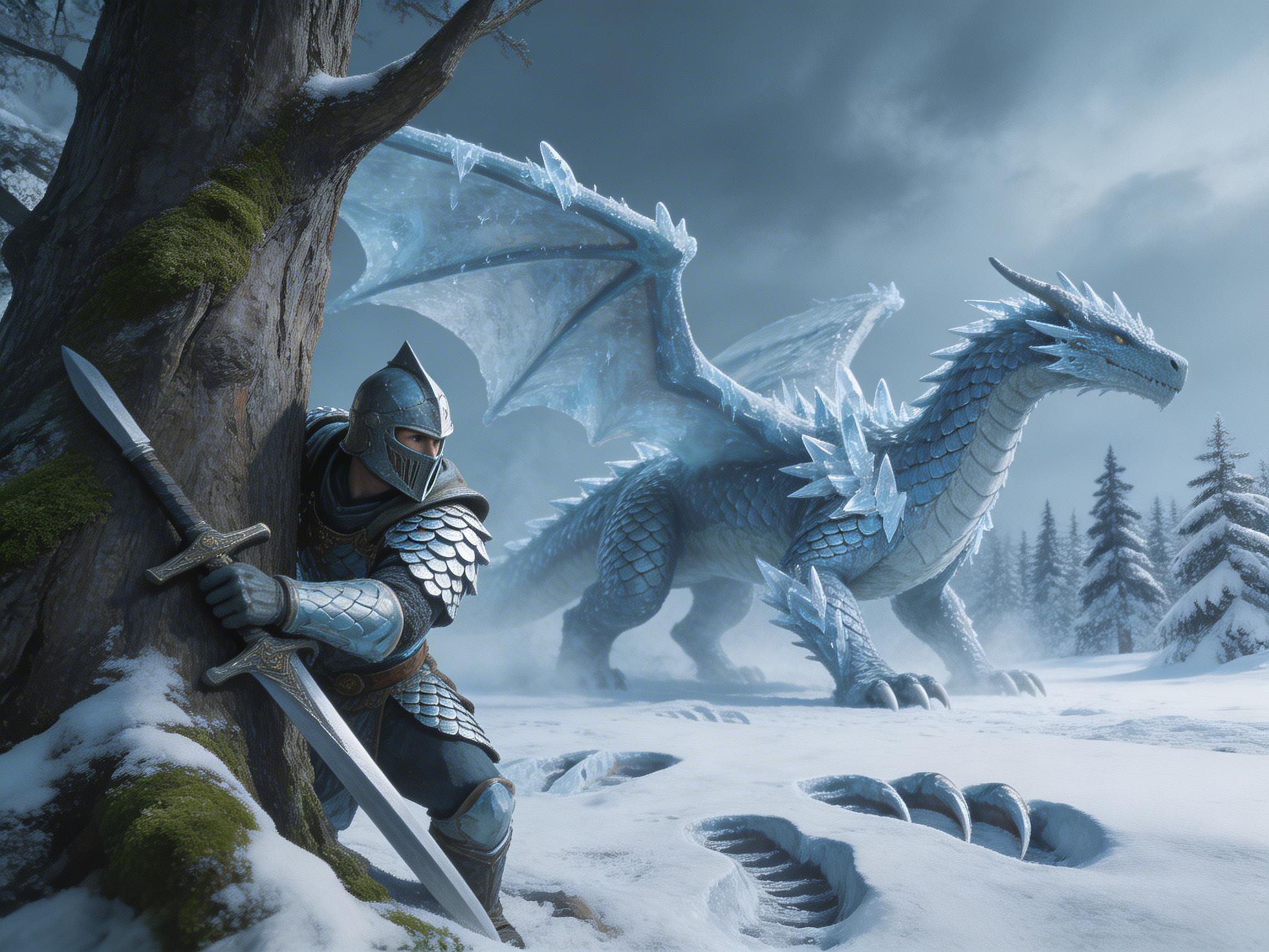 图中展现了一个充满张力的奇幻战斗场景。画面左侧，一名身着银色鳞甲、头戴全覆式头盔的骑士正躲在一棵粗壮的古树后，他双手紧握一把宽刃大剑，神情警惕，似乎在屏息观察敌情。画面右侧背景中，一只巨大的冰霜巨龙正矗立在雪地上，它全身覆盖着淡蓝色的鳞片和晶莹的冰刺，巨大的膜翼半张，透出冷冽的寒气。背景是白雪皑皑的森林和阴沉的灰色天空，地面上散布着巨大的龙爪印。

在 AI 生成细节方面，存在几处明显的逻辑缺陷：首先是骑士手中的大剑，剑柄与护手的设计显得扭曲且不符合人体工程学，骑士的手指与剑柄的融合也较为模糊。其次，雪地上的巨大爪印形状虽然清晰，但与巨龙实际站立的位置和足部结构并不完全匹配，显得有些突兀。此外，巨龙远处的后腿与尾部的透视关系略显生硬，与地面的接触感不够自然。