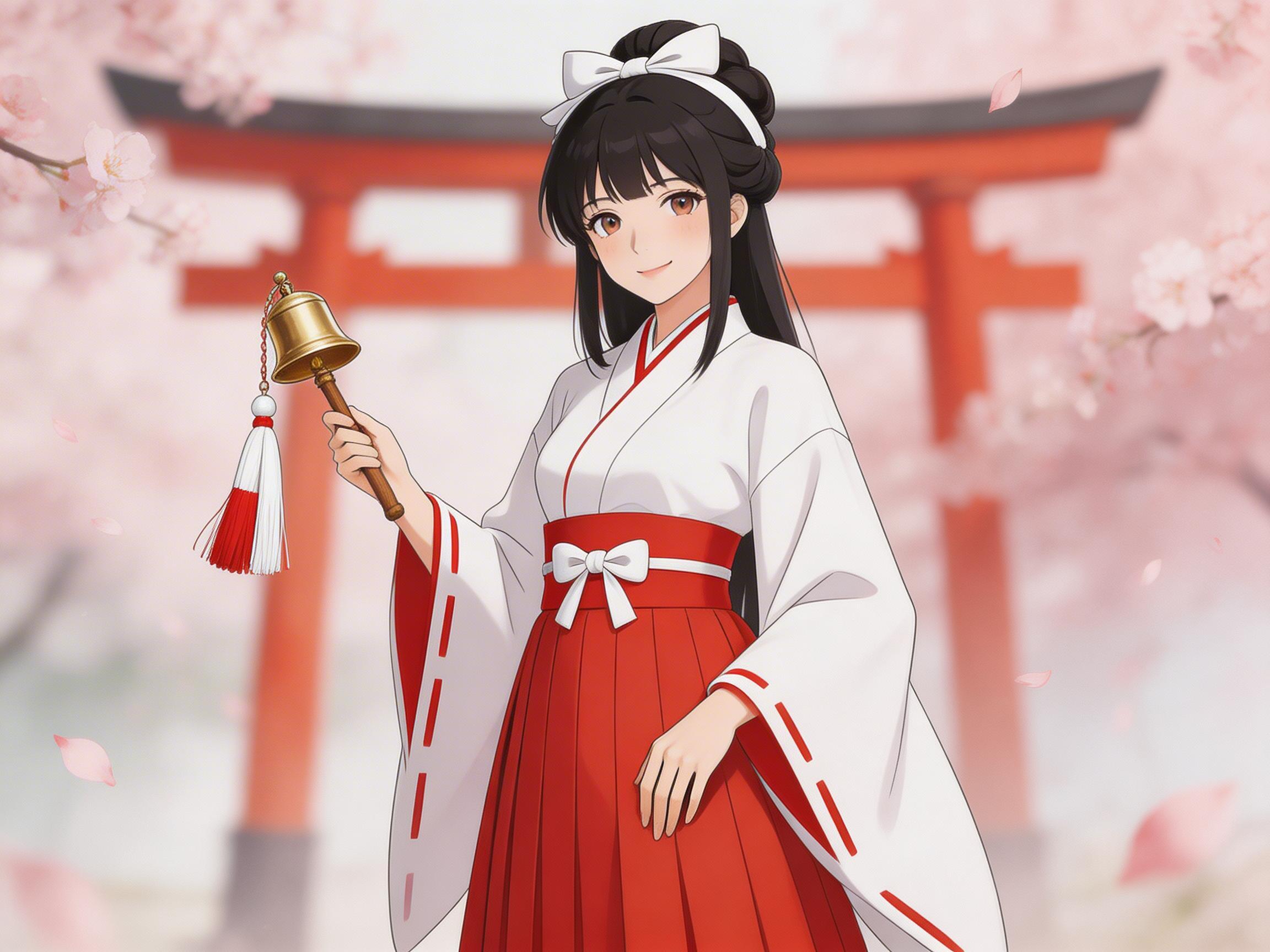 图中展示了一位身着传统服饰的日本巫女，背景是淡粉色的樱花花瓣和一座模糊的红色鸟居。这位女性留着黑色长发，头戴白色发带和粉色花朵装饰，面带微笑。她穿着经典的白色小袖上衣和红色绯袴，右手举着一把带有白色和红色流苏的金铃。画面整体色调柔和，洋溢着清新、宁静的动漫风格。

然而，画面中存在明显的 AI 生成缺陷：首先是人物的手部，右手握住铃铛柄的方式显得僵硬，且手指的结构和数量模糊不清；左手自然下垂，但手指的长度比例失调，显得有些畸形。其次，人物脚下的黑色木屐（下驮）与脚部的连接处透视关系异常，左脚的鞋底厚度与右脚不一致，且脚趾的细节缺失。此外，背景中的鸟居线条略显歪斜，与地面的衔接不够自然。