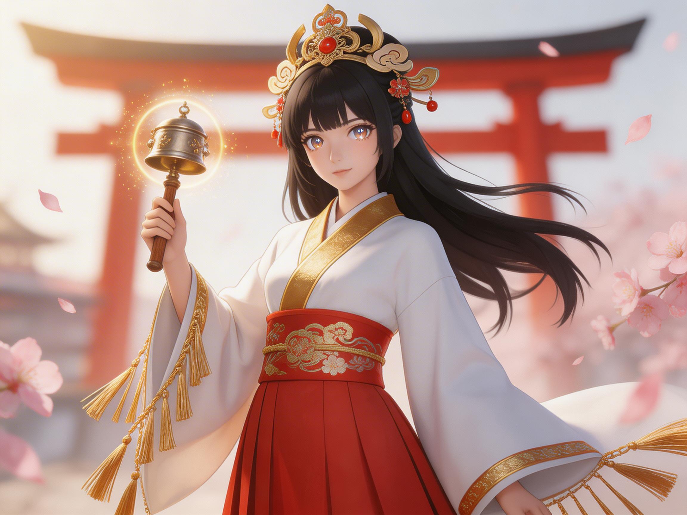 图中展示了一位具有动漫风格的年轻女性，她身着华丽的日本巫女服饰，正站在一座巨大的红色鸟居前。她拥有黑色长发和明亮的琥珀色眼睛，头戴精致的金红色发冠。她穿着白色的宽袖上衣，腰间束着带有金色刺绣的红色腰带，下半身是红色的褶裙。她右手高举着一把散发着金色光芒的神乐铃，周围有点点星光闪烁。背景中，粉色的樱花瓣随风飘落，整体色调明亮且富有神圣感。

在 AI 生成的细节方面，画面存在明显的逻辑缺陷：女性握住神乐铃手柄的手部结构异常，手指的数量和关节连接显得生硬且不自然。此外，她右侧袖口垂下的金色流苏与背景中的樱花元素在透视上有些重叠混乱，左侧袖口边缘的装饰物也呈现出一种不规则的漂浮感，缺乏合理的物理支撑。