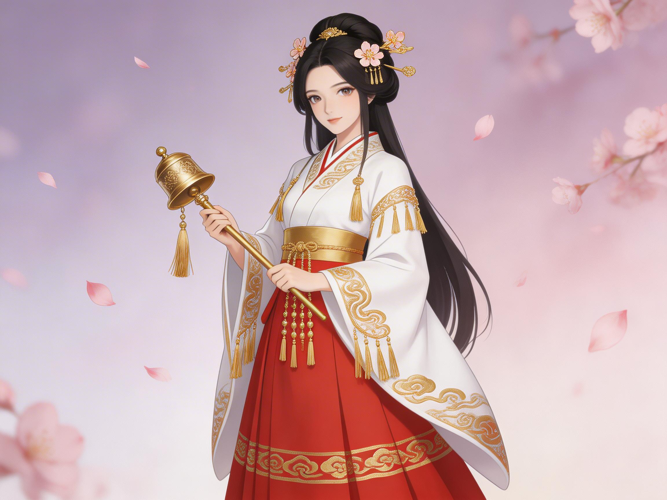 画面中展示了一位具有中国风二次元风格的年轻女性，她站在淡紫色与粉色交织的梦幻背景中，周围飘落着零星的樱花瓣。女子拥有精致的面容和深邃的棕色眼睛，黑色长发盘成华丽的发髻，点缀着精致的金饰与粉色花朵发簪。她身穿一件白红相间的改良式汉服，白色上衣绣有金色云纹，袖口垂下金色流苏，腰间束着金色宽腰带，下身是鲜红色的百褶长裙。她双手握着一把带有金色铃铛的长柄法杖，神情温婉宁静。

在 AI 生成的细节方面，画面存在明显的逻辑缺陷：女子右手握住法杖的姿势显得生硬，手指的数量和关节连接处模糊不清，且法杖的杆部在穿过右手后，与左手握持的位置在透视上并不连贯，仿佛杆子发生了弯折。此外，衣服上的金色纹饰在边缘处略显杂乱，缺乏真实的刺绣质感，背景中的樱花花瓣分布也显得较为随机且缺乏景深层次感。