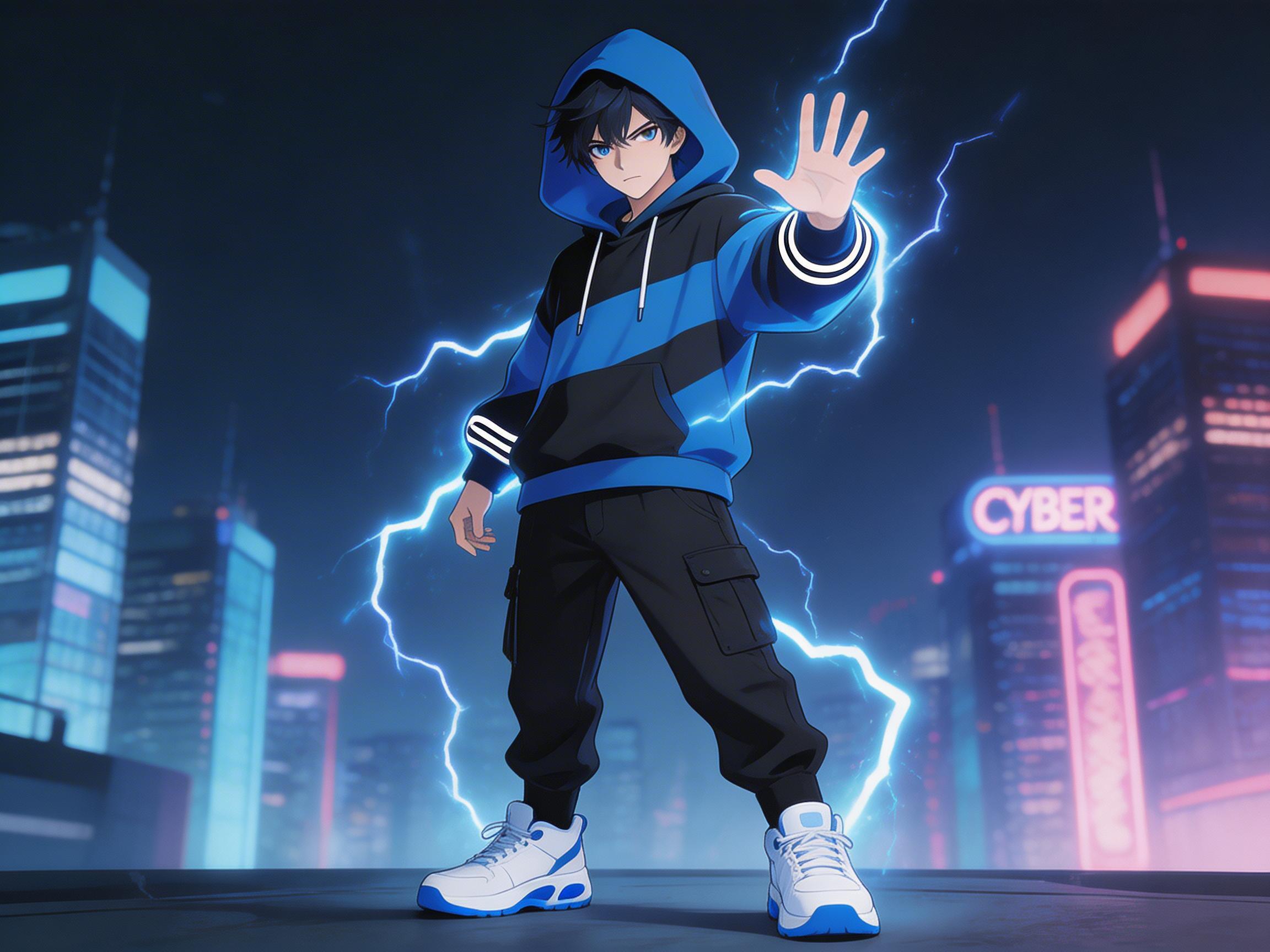 图中展现了一幅具有赛博朋克风格的动漫人物画像。画面中心是一位拥有深蓝色眼睛和黑色短发的少年，他穿着一件蓝黑相间的连帽卫衣，搭配黑色工装裤和白蓝色的运动鞋。少年神情严肃，右手自然下垂，左手向前平举，掌心朝外，仿佛正在释放某种异能。他的身体周围环绕着明亮的蓝色闪电特效，背景是充满科幻感的都市夜景，高楼林立，点缀着霓虹灯光，右侧可见模糊的“CYBER”字样招牌。整体色调以深蓝色和黑色为主，充满动感与神秘气息。

在 AI 生成的细节方面，存在明显的逻辑缺陷：少年的左手手掌结构异常，手指长度比例不自然且显得僵硬；右手的手指数量和关节连接也模糊不清。此外，卫衣袖口上的白色条纹在左右两边并不对称，左袖口的条纹呈现出一种扭曲的环绕感。背景建筑的窗户光点分布较为杂乱，缺乏真实的透视逻辑。