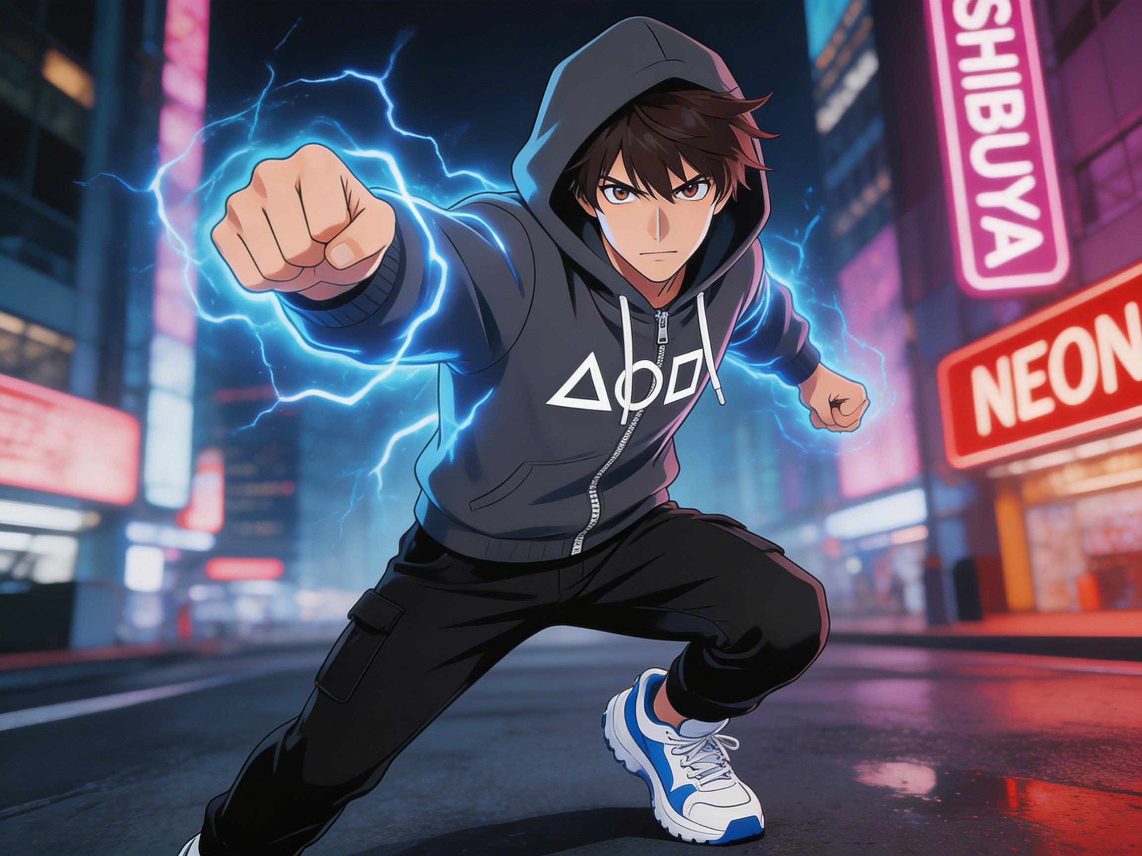 图中展现了一位具有二次元动漫风格的年轻男性，他正身处深夜的都市街头，摆出极具张力的战斗姿态。他留着深棕色碎发，眼神凌厉，身穿一件深灰色的连帽拉链卫衣和黑色工装裤，脚蹬蓝白相间的运动鞋。他的右拳向前猛力挥出，左拳向后蓄势，周身环绕着耀眼的蓝色闪电特效，仿佛拥有超自然力量。背景是充满赛博朋克感的繁华街道，带有“SHIBUYA”和“NEON”字样的粉红及红色霓虹灯牌在夜色中闪烁，地面因雨水倒映着灯光。

在 AI 生成细节方面，存在几处明显的逻辑缺陷：首先是人物的右手拳头，手指的关节结构显得模糊且比例失调，缺乏真实的握拳质感；其次，卫衣胸前的白色几何图案显得破碎且无实际意义；最明显的错误在于人物的下半身，他的右腿（画面左侧）在跨步动作中似乎凭空消失或与背景融合，导致人体透视结构严重断层，缺乏支撑感。此外，背景招牌上的文字虽然清晰，但排版略显生硬。
