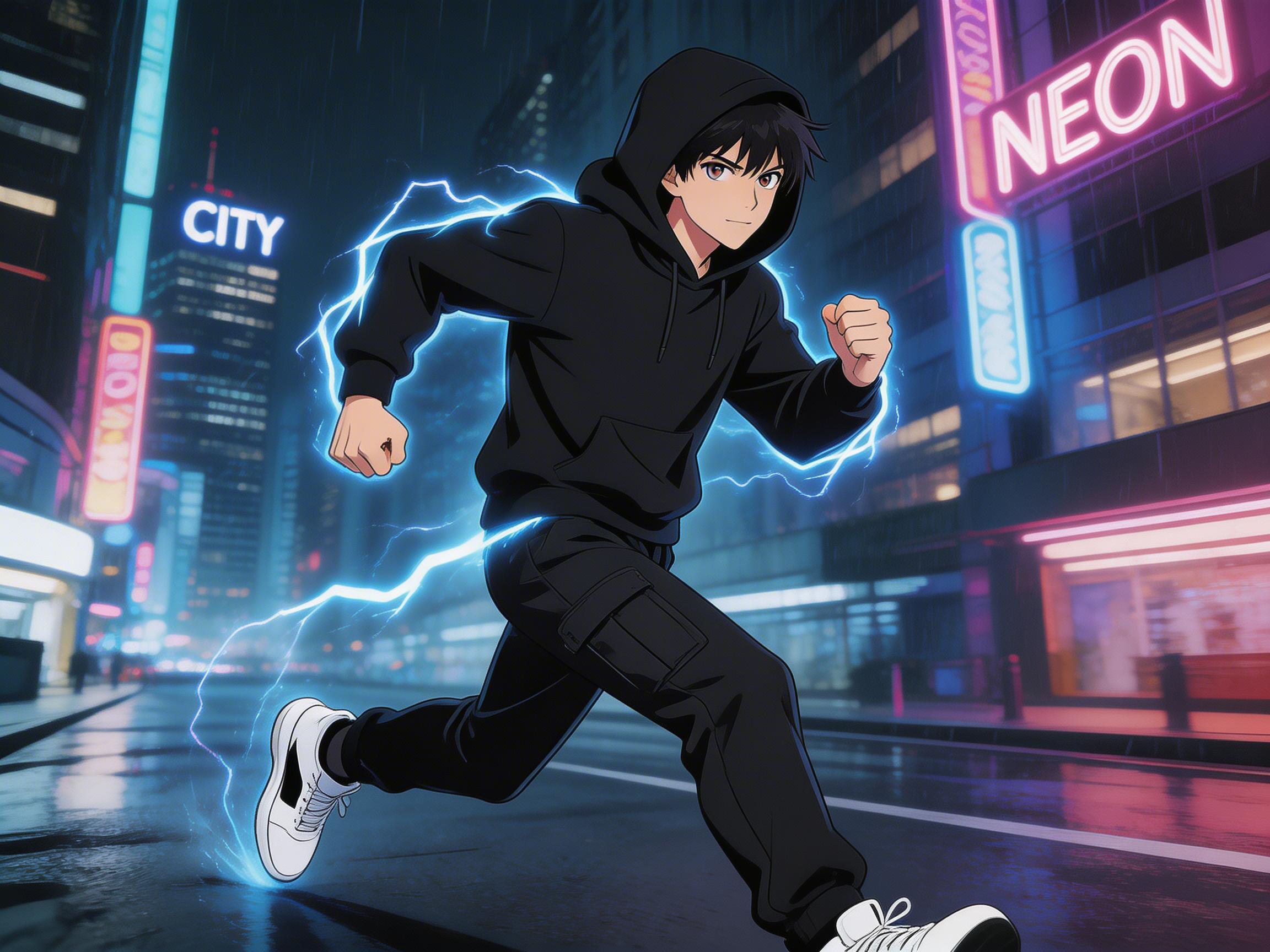 图中展现了一位具有动漫风格的年轻男子，正身穿黑色连帽衫和工装裤，在充满赛博朋克气息的城市街道上疾速奔跑。背景是夜晚的都市，充斥着蓝、紫、粉色的霓虹灯光，地面因雨水而湿润，倒映着建筑的轮廓。男子的身体周围缠绕着明亮的蓝色闪电特效，营造出一种拥有超能力的动感。画面构图采用了侧向的动态视角，强调了奔跑的速度感。然而，画面中存在明显的 AI 生成缺陷：男子右手的拳头形状模糊，手指关节的结构不符合人体解剖逻辑；左腿后方的一道闪电束突兀地穿过了大腿肌肉，缺乏物理上的遮挡关系；此外，背景中左侧建筑上的“CITY”字样和右侧的霓虹灯牌虽然清晰，但部分小字迹呈现出无意义的乱码线条，属于典型的 AI 文本生成错误。