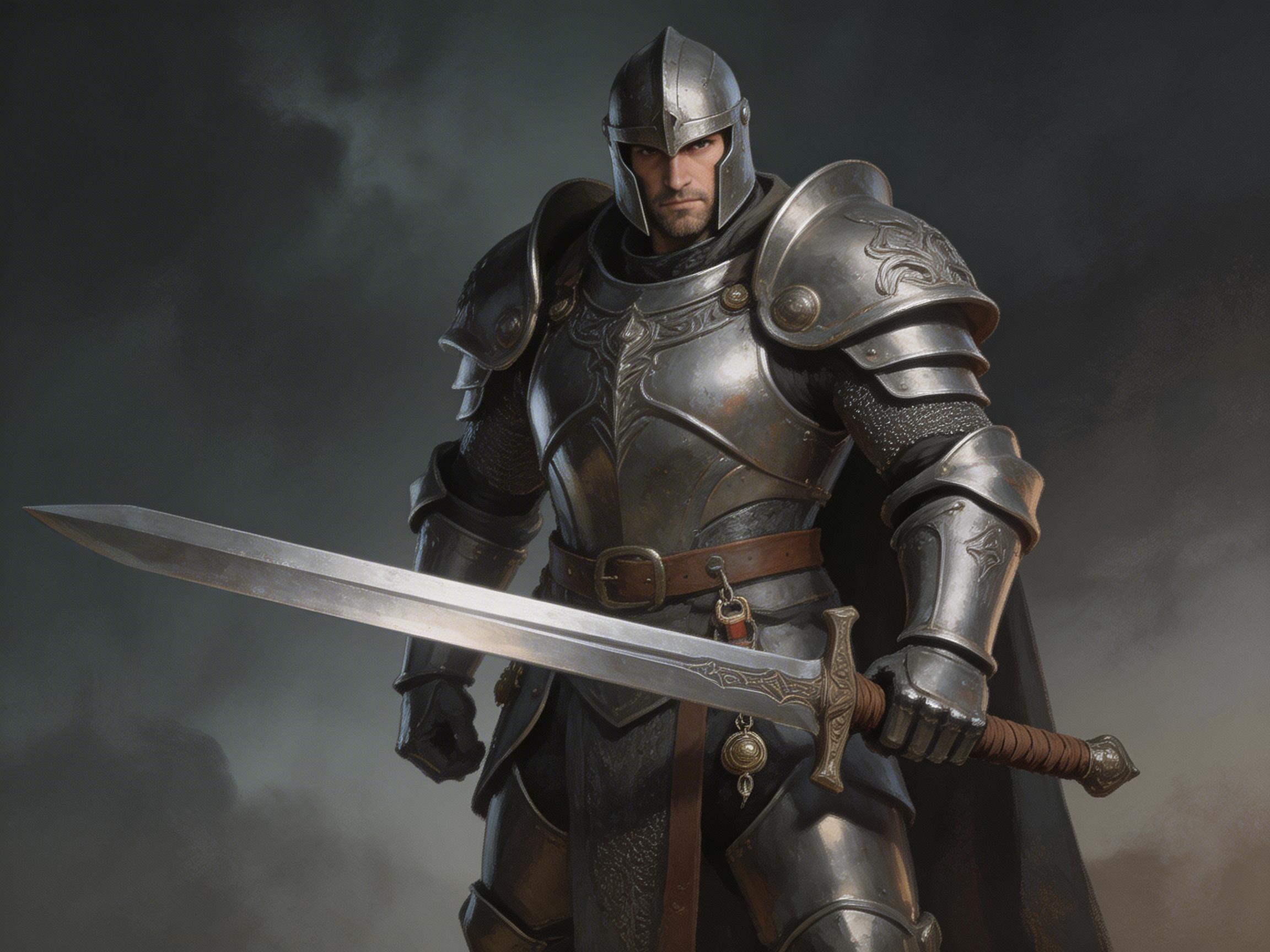 图中展现了一位身着全套银灰色板甲的英勇骑士，他威严地站立在阴云密布的暗色背景前。骑士头戴露出面部的金属头盔，眼神深邃且带有胡茬，显得刚毅稳重。他的盔甲细节丰富，带有精美的浮雕花纹，腰间束有一条棕色皮带，身后披着一件深色披风。他双手横握一把宽刃长剑，剑身闪烁着冷冽的金属光泽。整幅画作色调沉稳，光影交织营造出一种史诗般的严肃氛围。在 AI 生成的细节方面，存在明显的逻辑缺陷：骑士左手握住剑柄的方式显得僵硬且手指结构不自然；长剑的护手部分与剑刃的连接处缺乏合理的物理衔接，显得有些漂浮；此外，骑士右侧的肩甲与手臂装甲的层叠关系在透视上略显混乱，腰带上的挂饰结构也模糊不清，缺乏实际的功能性逻辑。