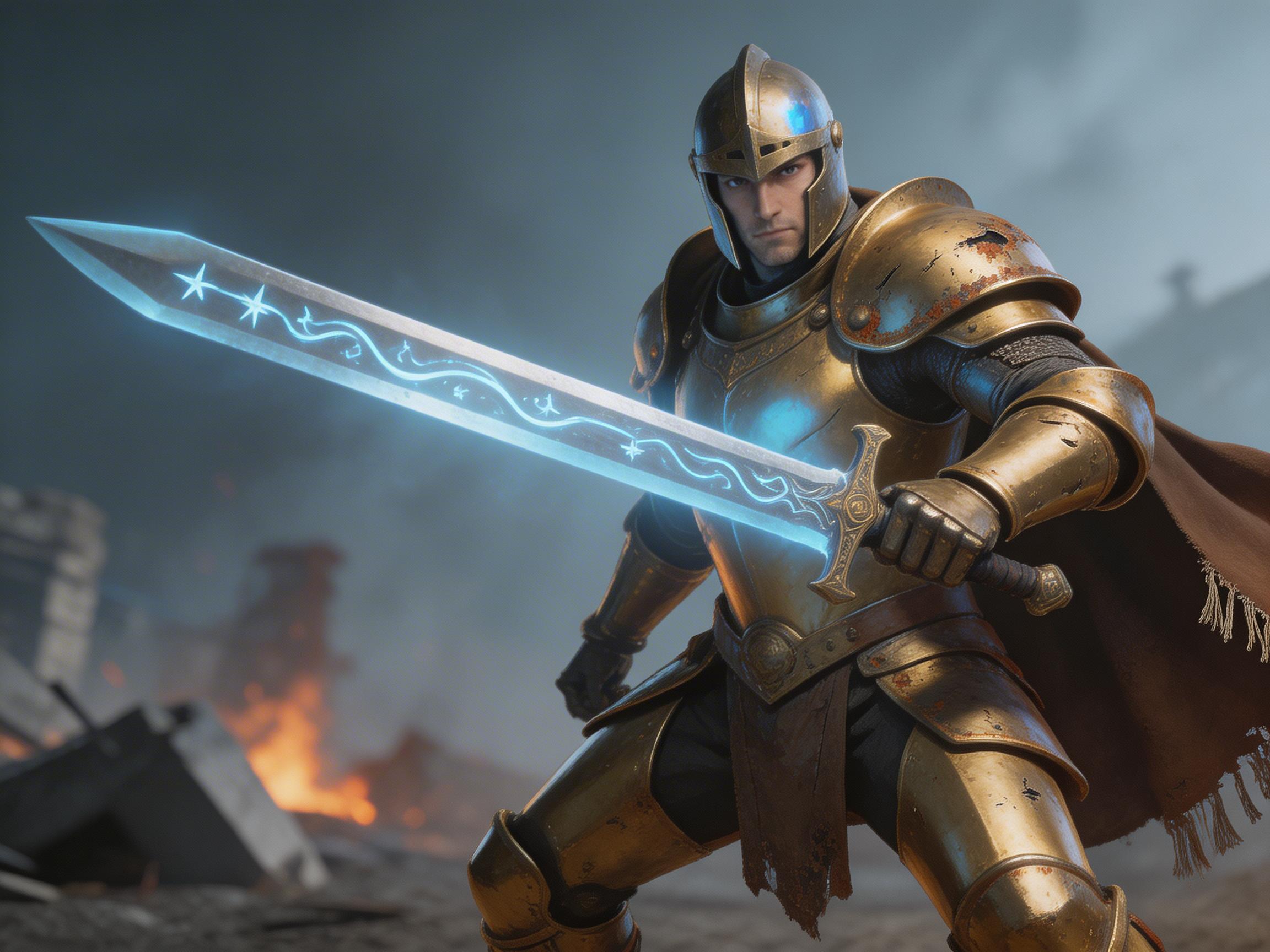 图中展现了一位身着金色铠甲的英勇骑士，正置身于一片战火纷飞的废墟之中。骑士占据了画面中心，他头戴全覆盖式头盔，露出一双坚毅的眼睛。他身上金色的盔甲带有明显的磨损与锈迹，背后披着一件深褐色的破旧斗篷。他双手紧握一把巨大的双手大剑，剑身上刻有发光的蓝色符文和星形图案，散发出冷冽的幽光，与背景中橘红色的火光形成鲜明对比。背景是一片灰暗且模糊的战场，隐约可见断壁残垣和燃烧的火焰。在 AI 生成的细节方面，存在一些明显的逻辑缺陷：骑士握剑的右手手指数量和排列显得有些混乱，与剑柄的结合不够自然；此外，剑身与护手连接处的透视略显生硬，左侧远景的废墟结构也呈现出一种不规则的扭曲感。