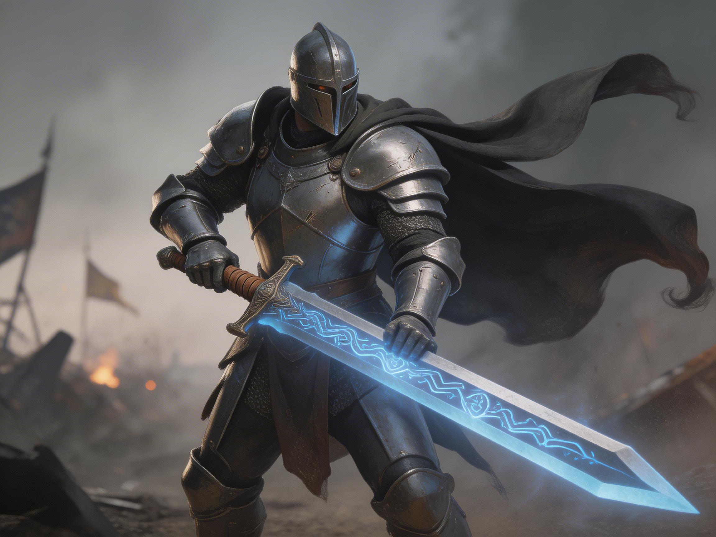 图中展现了一位身着全套银灰色金属铠甲的英勇骑士，正伫立在硝烟弥漫的战场之上。骑士头戴全封闭式头盔，双眼处透出微弱的橙红色光芒，身后一件宽大的黑色斗篷随风向右侧剧烈飘扬。他双手紧握一把巨大的双手剑，剑身中心镶嵌着散发幽蓝色光芒的符文，光芒在灰暗的背景中格外耀眼。背景是模糊的荒野，隐约可见残破的旗帜和零星的火光，整体色调沉稳且充满肃杀之气。

在 AI 生成细节方面，画面存在明显的逻辑缺陷：骑士的左手并非握在剑柄上，而是直接抓握在锋利的剑刃中部，且手指与剑身的接触位置显得生硬、不自然。此外，剑柄的护手部分与剑身的连接处透视略显扭曲，右侧斗篷的边缘线条在末端处理得过于凌乱，缺乏真实的布料垂坠感。