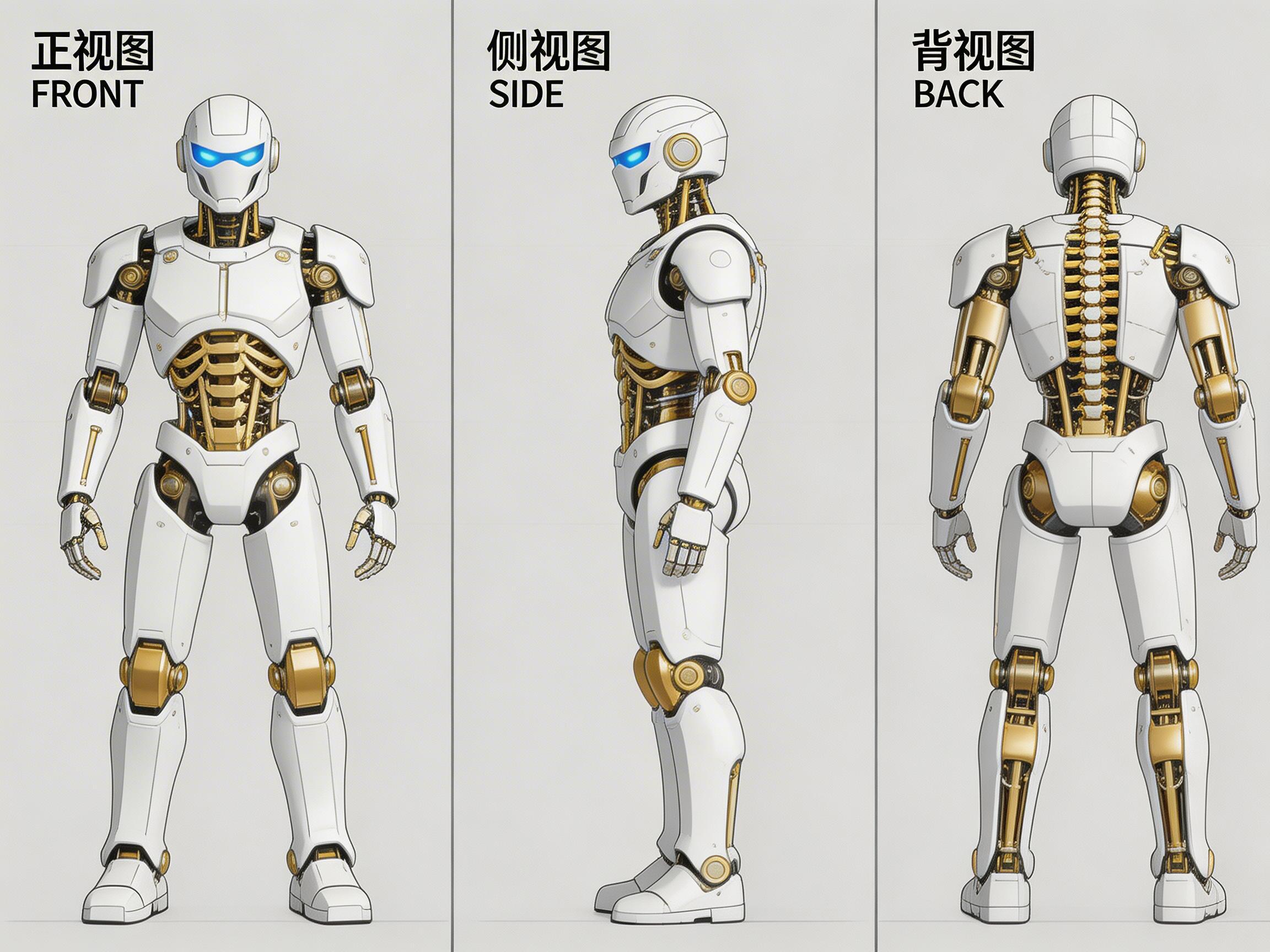 画面中展示了一个人形机器人的三视图设计稿，背景为纯净的浅灰色。机器人整体采用白色外壳搭配金色机械骨架，眼部散发着明亮的蓝色荧光。构图从左至右分为「正视图」、「侧视图」和「背视图」，上方配有相应的中英文标注。机器人的躯干和关节处裸露出精密的金色齿轮与液压杆，背部则有一条类似人类脊椎的金色结构。

在 AI 生成的细节方面存在一些明显缺陷：首先是手部结构，正视图中机器人的手指数量和关节连接显得生硬且不符合逻辑，侧视图的手指则呈现出一种扭曲的堆叠感。其次，文字标注虽然清晰，但排版略显局促。此外，机器人的左右肢体在细节上并不完全对称，例如膝盖处的金色零件形状在不同视角下略有出入，且背视图中脚踝处的机械结构与正视图无法完全对应，体现了 AI 在空间逻辑一致性上的不足。