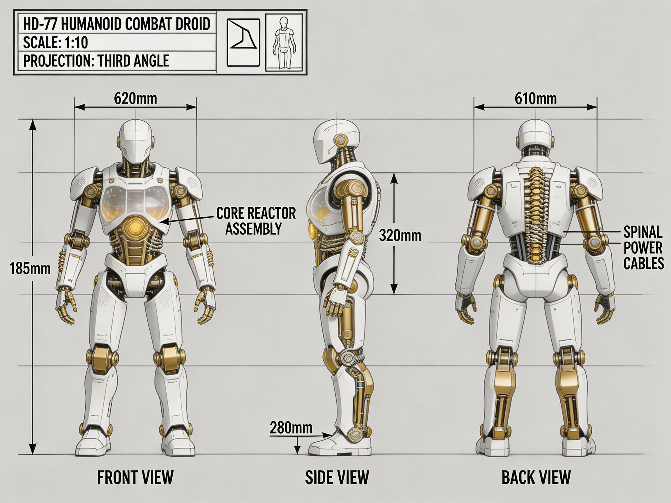 图中展示了一张名为“HD-77 类人战斗机器人”的设计技术图纸，背景为淡灰色，风格类似工业蓝图。画面中心从左至右分别排列着机器人的正面、侧面和背面三个视角。机器人全身由白色外壳和金色金属关节组成，胸部有一个发光的圆形核心反应堆，背部则露出了类似脊椎的金色电缆结构。画面上方和四周分布着黑色的标注文字、尺寸线和比例尺框。

然而，作为 AI 生成的图片，画面中存在明显的逻辑和透视缺陷：首先是尺寸标注完全错误，左侧标注总高度仅为“185mm”，而肩宽却标注为“620mm”，且侧面标注的“320mm”与整体比例严重失调，数字逻辑混乱。其次，机器人的手部细节模糊，手指数量和关节连接处显得生硬且不自然。此外，背景中的参考线与机器人的实际高度位置并未完全对齐，部分文字标注的引线指向也较为模糊，体现了 AI 在处理精确工程制图时的局限性。
