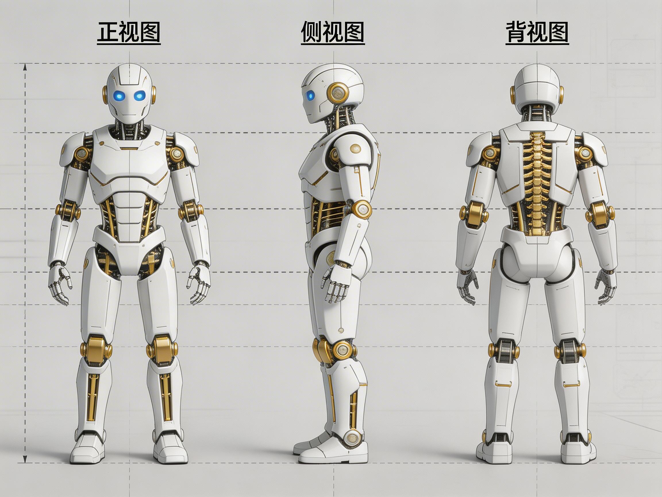 图中展示了一张类人机器人的三视图设计稿，背景为浅灰色并带有辅助对齐的虚线。画面从左至右依次排列着机器人的正视图、侧视图和背视图，上方分别标有对应的中文文字。机器人整体采用白色外壳，搭配金色和黑色的内部机械零件，双眼发出明亮的蓝光，背部有一条类似人类脊椎的金色结构。整体风格具有未来科技感，构图严谨对称。然而，画面中存在明显的 AI 生成缺陷：首先是手部结构混乱，手指数量不一且形状扭曲，正视图的左手甚至出现了多根细碎的手指；其次，三张视图的细节无法完全对应，例如侧视图中机器人的腹部结构与正视图明显不同；最后，背景中的对齐虚线在穿过机器人身体时出现了断裂和错位，未能形成严谨的几何参考。