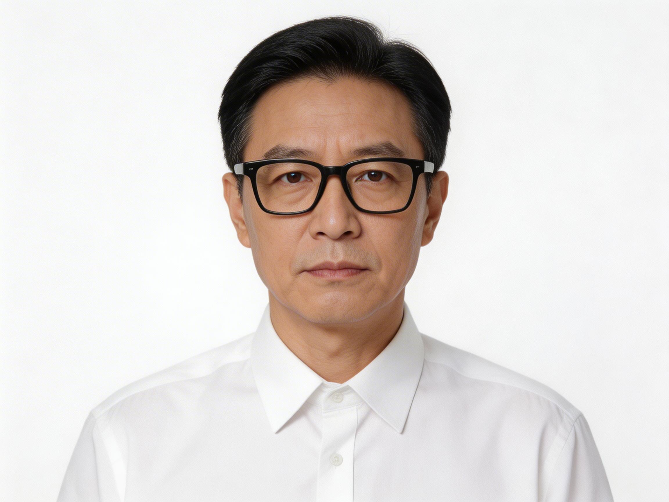 图中展示了一张中年男性的正面证件照风格图像。画面背景为纯白色，构图居中，人物呈现出严肃且沉稳的神态。这位男性拥有一头整洁的黑色短发，发际线清晰，面部皮肤纹理真实，带有细微的皱纹。他佩戴着一副粗黑框眼镜，双眼平视前方，嘴唇紧闭。他穿着一件平整的白色翻领衬衫，扣子扣得严丝合缝，整体色调简洁明快，光影分布均匀。

在 AI 生成的细节方面，存在一些明显的逻辑缺陷：最显著的问题在于眼镜的结构，左侧（画面右侧）的眼镜腿与镜框连接处显得模糊且不连贯，似乎直接消失在头发中，缺乏合理的物理衔接。此外，人物双眼的瞳孔反光略显生硬，且衬衫领口的左右对称性在细微处略有偏差，领尖的形状不够自然。尽管整体写实度较高，但这些局部细节暴露了其人工智能合成的痕迹。