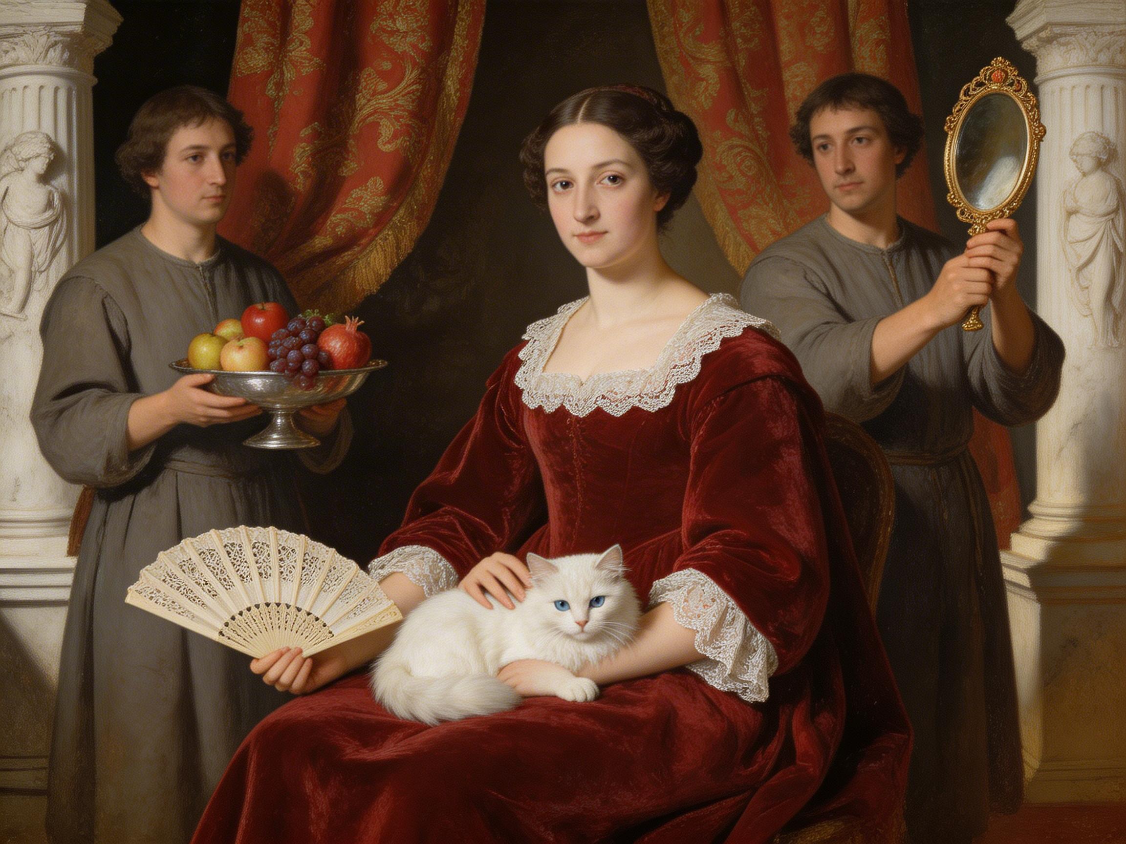 图中展现了一幅模仿古典油画风格的室内人像。画面中心是一位气质端庄的年轻女性，她身着华丽的深红色天鹅绒长裙，领口和袖口装饰着精致的白色蕾丝。她怀中抱着一只拥有蓝色眼睛的纯白猫咪，右手持一把镂空折扇。她的左右两侧各站立一名身穿灰色长袍的年轻男仆，左侧男仆托着一盘盛满苹果、葡萄和石榴的水果，右侧男仆则举着一面金色的椭圆手镜。背景是带有金色花纹的红色垂帘和两根白色的大理石浮雕圆柱。

画面存在明显的 AI 生成缺陷：首先，女性抚摸猫咪的右手手指数量异常，且指节扭曲，抓握折扇的左手也显得僵硬不自然；其次，右侧男仆举镜子的手部结构混乱，手指与镜柄的衔接逻辑错误；此外，白猫的后肢与女性的手臂交织在一起，结构模糊不清。尽管色彩浓郁、光影细腻，但这些肢体细节的失真揭示了其 AI 生成的本质。