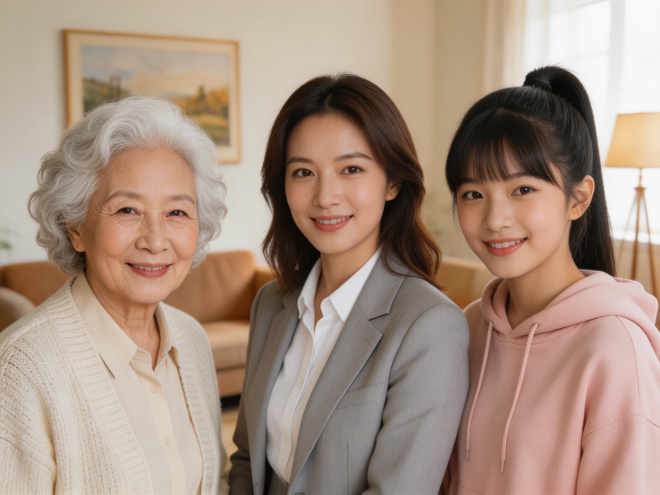 图中展示了三位不同年龄段的亚洲女性并排站立，呈现出祖孙三代同堂的温馨合影。左侧是一位满头银发、面带慈祥微笑的老年女性，穿着米色针织开衫；中间是一位气质干练的中年女性，留着深棕色中分长发，身着灰色西装外套内搭白衬衫；右侧是一位年轻女孩，扎着高马尾，穿着粉色连帽卫衣，笑容甜美。背景是一个光线明亮的居家客厅，隐约可见浅色沙发、挂画和一盏落地灯，整体色调柔和温暖。在 AI 生成的细节方面，存在一些明显的逻辑缺陷：最右侧女孩的粉色卫衣抽绳末端处理模糊，且其左侧肩膀与中间女性的身体衔接处透视略显生硬；背景中左上角的装饰画边框线条不够平直，落地灯的支架结构也显得有些简略，缺乏真实的物理质感。