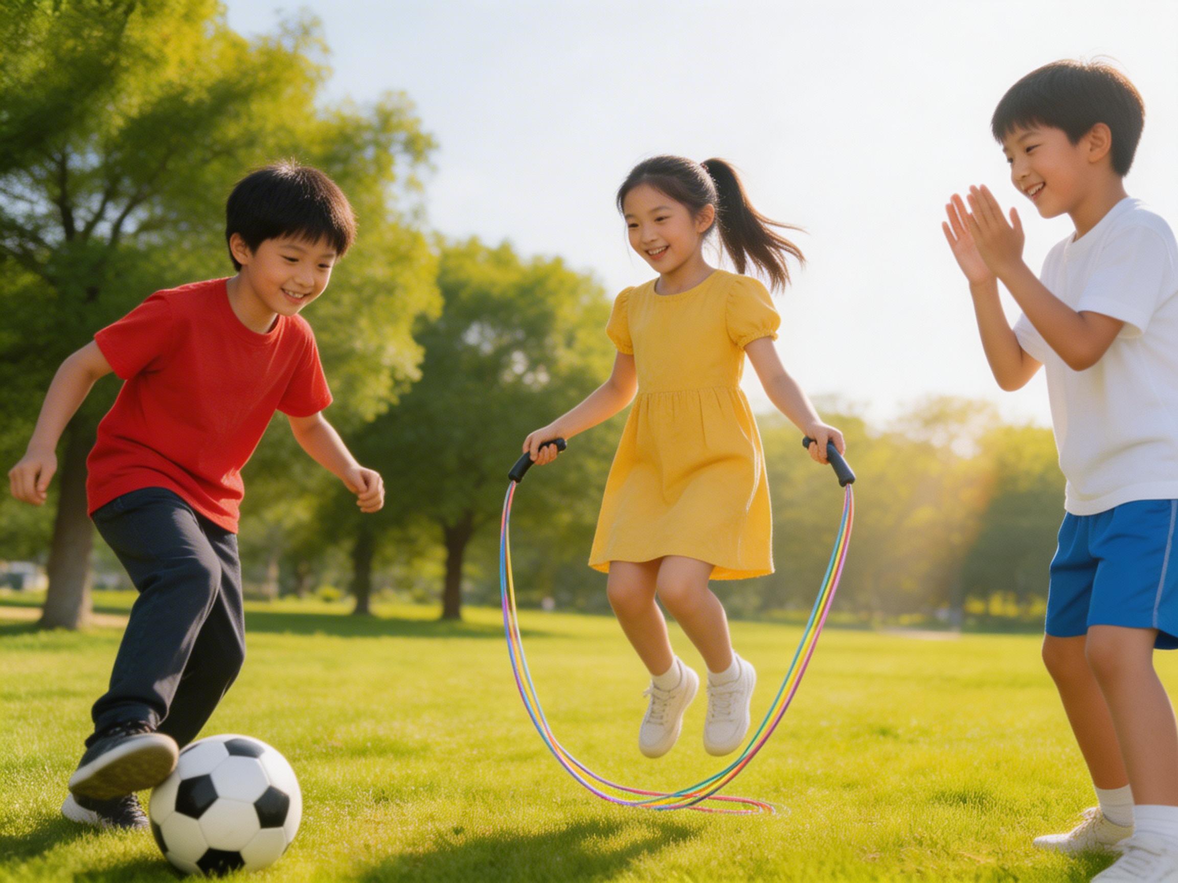 图中展示了一个阳光明媚的公园绿地，三名东亚面孔的小朋友正在户外愉快地玩耍。画面中央是一位穿着明黄色连衣裙、扎着马尾辫的小女孩，她正跳起在半空中练习跳绳，手中握着彩虹色的绳柄。左侧是一名穿着红色短袖和深色长裤的小男孩，正带球奔跑，脚下是一个黑白相间的足球。右侧则站着一名穿着白色T恤和蓝色短裤的小男孩，正笑着鼓掌。背景是郁郁葱葱的树木和被阳光照亮的草坪，整体色调明亮温暖。

然而，画面中存在明显的 AI 生成缺陷：首先，中间女孩的跳绳逻辑混乱，绳索在地面处断裂并交织在一起，并未形成完整的环状，且她的右手手指与绳柄融合模糊。左侧踢球男孩的左手手指数量异常且扭曲。右侧鼓掌男孩的双手手指细长且排列杂乱，缺乏真实的关节结构。此外，足球的五边形纹路也显得不够规整。