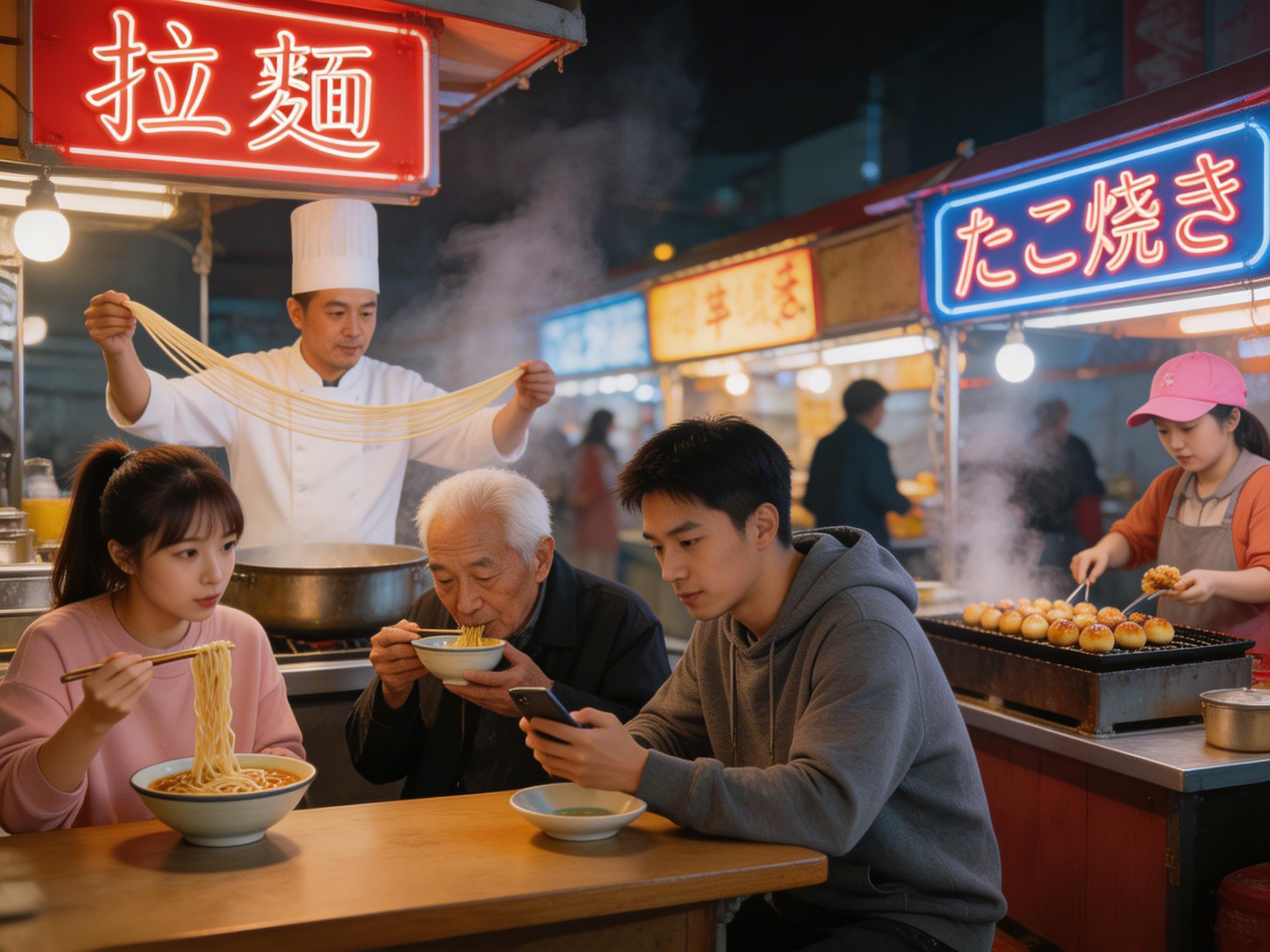 图中展现了一个热闹的夜市摊位场景，色调温暖且充满生活气息。画面中心，一位年轻女子、一位白发老人和一位穿灰色卫衣的青年并排坐在木质长桌前。女子正用筷子挑起面条，老人低头喝汤，青年则在看手机。背景中，左侧一位厨师正在拉面，上方挂着红色霓虹灯招牌“拉麵”；右侧是一位戴粉色帽子的摊主在制作章鱼烧，招牌显示日文。热气从锅中升腾，营造出忙碌的氛围。

然而，画面中存在多处明显的 AI 生成缺陷：左侧拉面厨师的手部结构异常，拉出的面条线条生硬且与手部连接不自然；中间老人的左手手指显得短小且模糊，与碗的接触位置透视错误；右侧青年拿着手机的手指数量和关节看起来不协调；最右侧章鱼烧摊位的食物在烤盘上的排列过于整齐且缺乏立体感。此外，背景中霓虹灯的光影与人物身上的光源方向略有不一致。