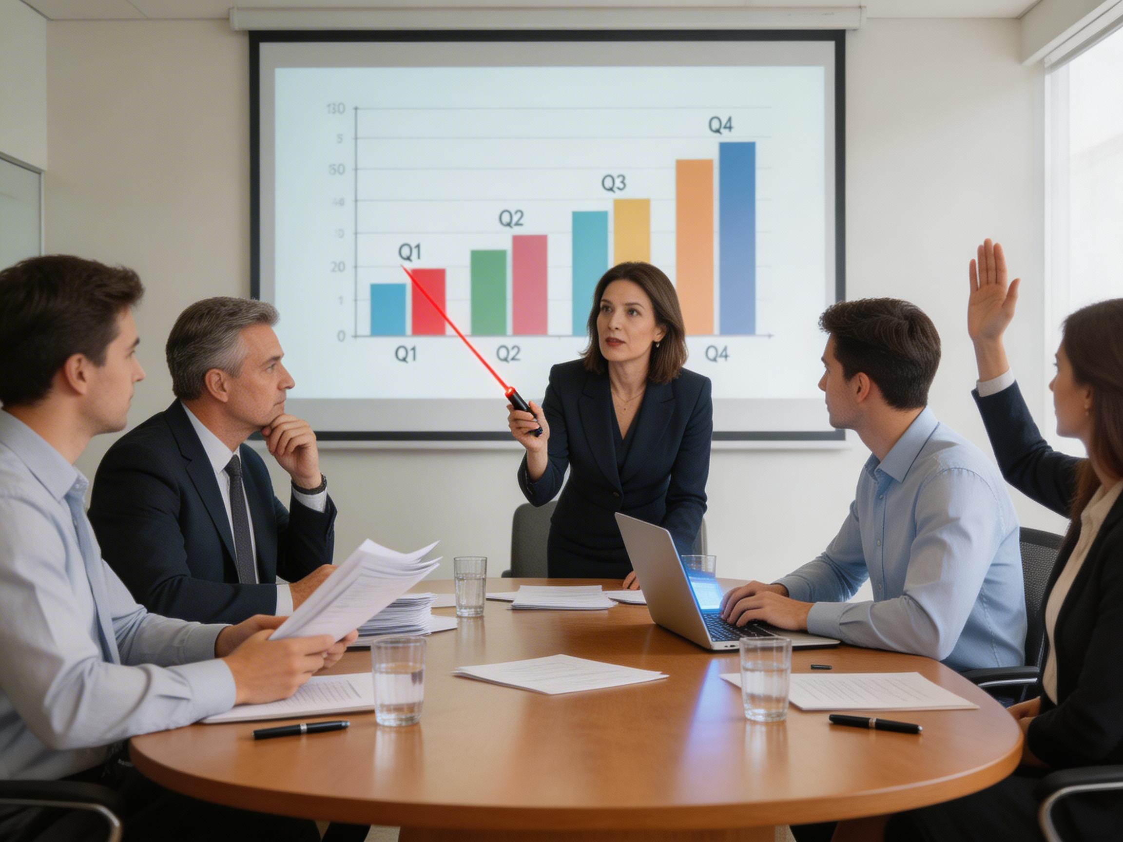 图中展示了一个明亮的现代会议室场景。画面中心，一位身着深蓝色西装的职业女性正站立着，手持红色激光笔指向后方投影幕布上的彩色柱状图，似乎正在进行季度业绩汇报。环绕着圆木桌坐着四名听众，包括三名男性和一名女性，他们穿着正式的衬衫或西装，神情专注。桌上散落着文件、笔记本电脑、水杯和钢笔。画面色调清新，以白、蓝、木色为主。

然而，画面中存在多处明显的 AI 生成缺陷：首先，演讲者手中的红色激光束并非从笔尖射出，而是穿透了她的手掌，且光束位置与图表指向逻辑不符。其次，右侧举手提问的人影非常诡异，其手臂直接从另一名坐着女性的肩部后方凭空长出，且手掌比例失调。此外，投影幕布上的文字和数字逻辑混乱，出现了重叠的“Q1”和“Q4”标签，左侧纵坐标数字模糊不清。左下角男性的手指也显得模糊且融合在一起，缺乏清晰的结构。