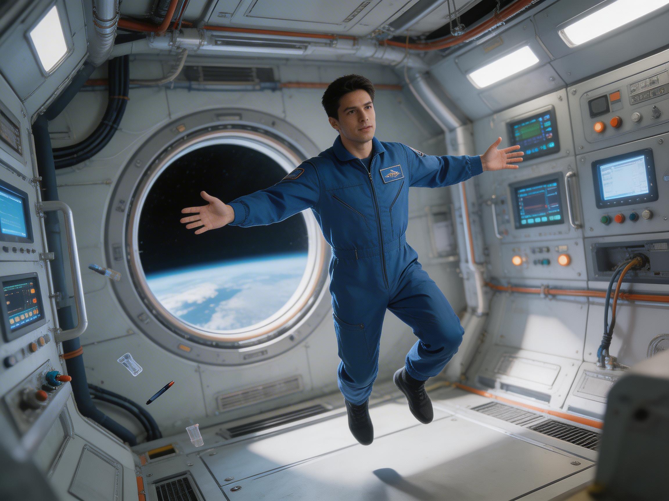 画面中展示了一位年轻的男性宇航员，正身处充满科幻感的空间站舱室内。他穿着一件深蓝色的连体飞行服，双臂向两侧平伸，双腿微屈，呈现出在失重状态下漂浮的姿态。背景是一个巨大的圆形观测窗，透出深邃的太空和地球大气的蓝色弧线。舱内布满了精密的控制面板、显示屏和错综复杂的电缆，色调以冷灰色和白色为主，点缀着橙色的管道。在宇航员身旁，几支笔和透明小物体也在空中漂浮。

这张图片存在明显的 AI 生成缺陷：最突出的是宇航员的手部，左手的指头数量异常且排列扭曲，右手的指缝处也显得模糊不清；宇航员胸前的徽章文字是一串无法辨认的乱码符号；此外，画面左侧漂浮的物体形状破碎，缺乏真实的物理结构；舱壁上的显示屏内容也多为模糊的色块和无意义的线条，缺乏逻辑性。