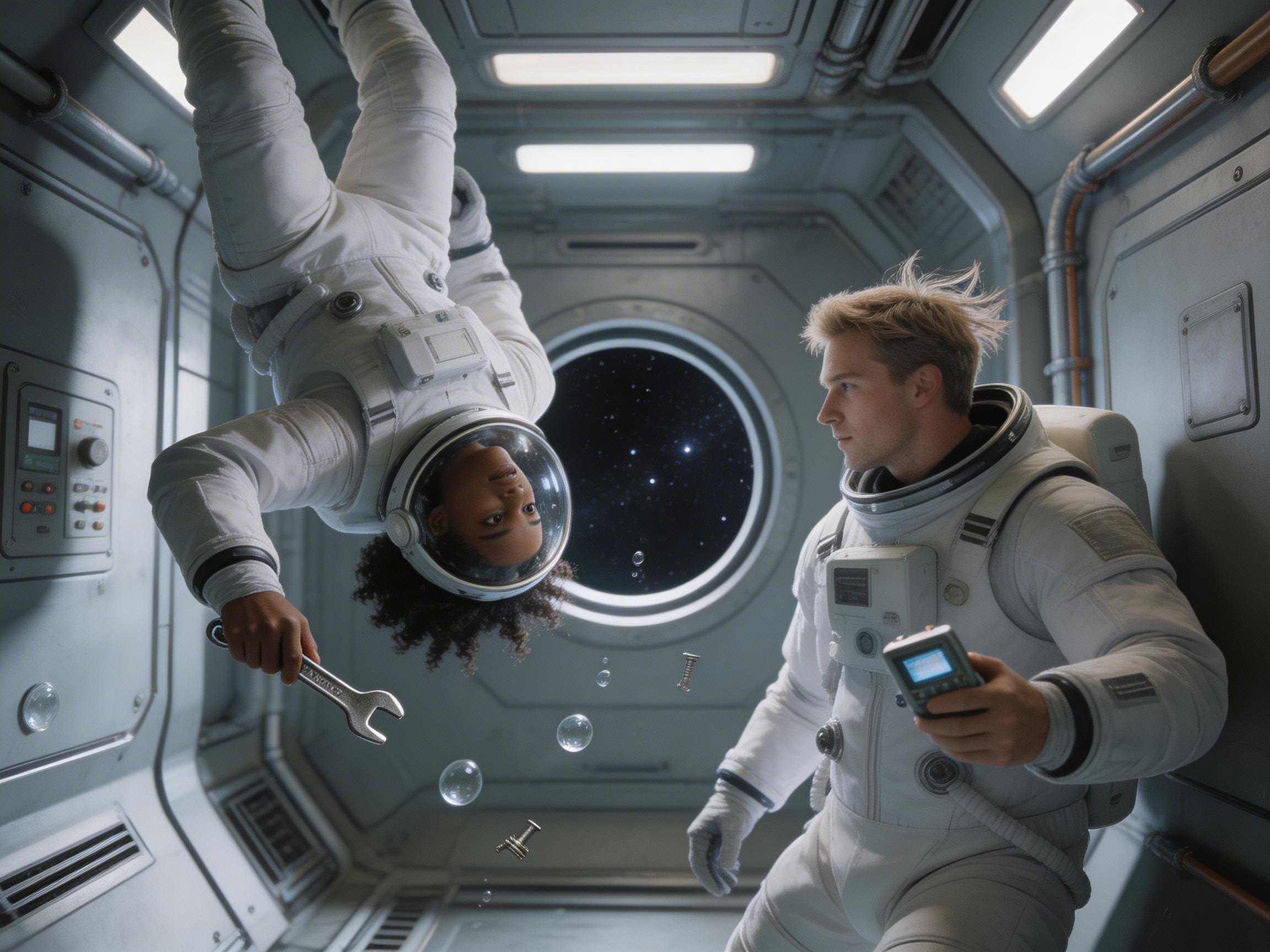 图中展示了一个充满科幻感的太空舱内部场景，两名宇航员正处于失重状态。左侧是一位深色皮肤的女性宇航员，她倒挂在画面上方，穿着白色宇航服，手持一把银色扳手，正低头看向下方。右侧是一位金发男性宇航员，他没有佩戴头盔，头发因失重而向上飘起，手中拿着一个带有屏幕的电子设备。两人之间漂浮着透明的水滴和细小的金属零件。背景是一个圆形的舷窗，透出深邃的星空。整体色调以冷白和灰色为主，光线柔和。

画面中存在明显的 AI 生成缺陷：左侧女性宇航员右手握持扳手的姿势非常僵硬，手指与扳手的连接处结构模糊；右侧男性的右手手指数量异常且严重变形，看起来像是有多根手指融合在一起；此外，男性宇航员虽然穿着宇航服，但其颈部与服装的衔接处缺乏合理的密封结构，不符合真实的航天逻辑。