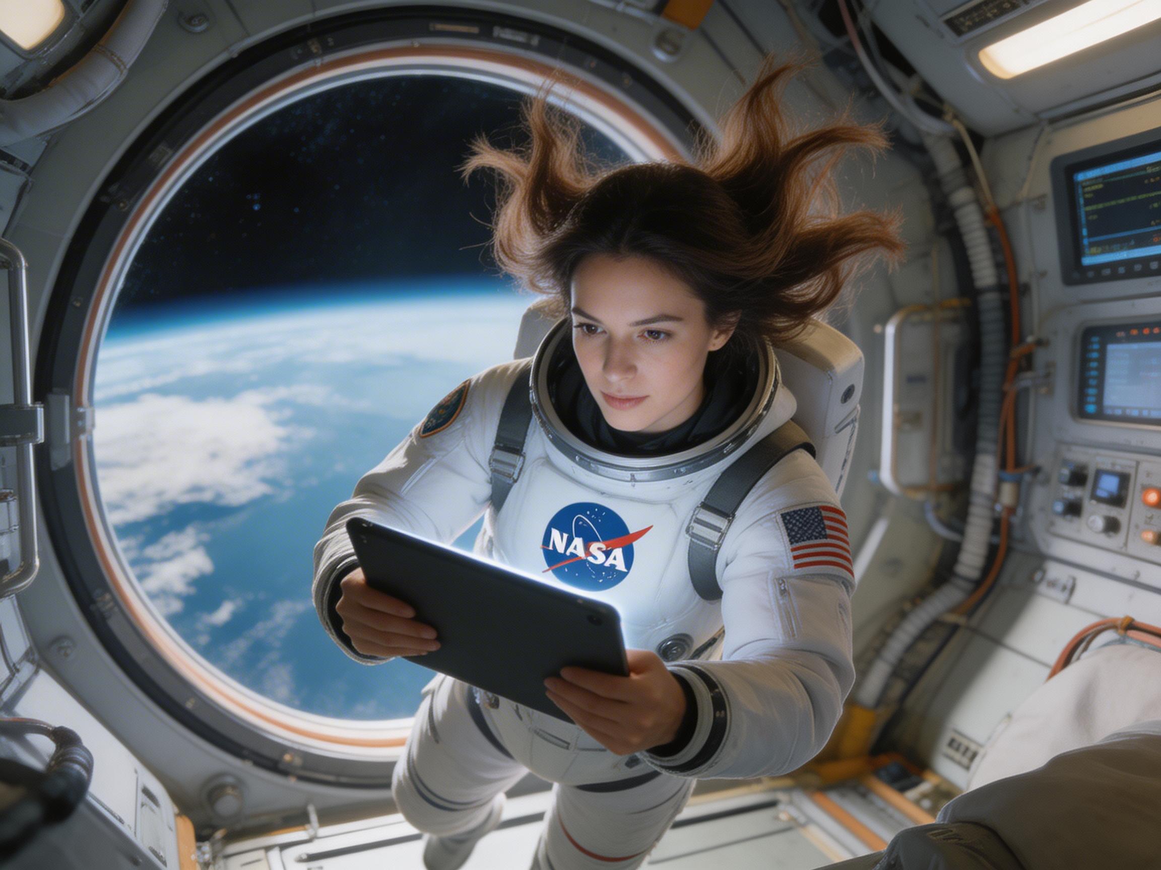 图中展示了一位年轻女性宇航员在空间站舱内的场景。她身穿一件带有 NASA 标志和美国国旗臂章的白色宇航服，正处于失重状态，长发向上飘散。她双手拿着一个发光的平板电脑，专注地注视着屏幕。背景是一个圆形的观景窗，透出深邃的太空和蔚蓝的地球边缘。舱内布满了精密的仪器面板和电线，整体色调以白色和金属灰色为主。

画面中存在明显的 AI 生成缺陷：首先，宇航员的手部结构异常，左手手指显得模糊且数量不自然，右手握持平板的角度也略显僵硬。其次，宇航服胸口的 NASA 标志文字虽然清晰，但边缘线条略有扭曲。此外，背景中复杂的机械结构存在透视逻辑错误，部分管线与墙壁的连接处显得模糊且不合常理。尽管如此，画面成功营造出了一种科幻而宁静的氛围。