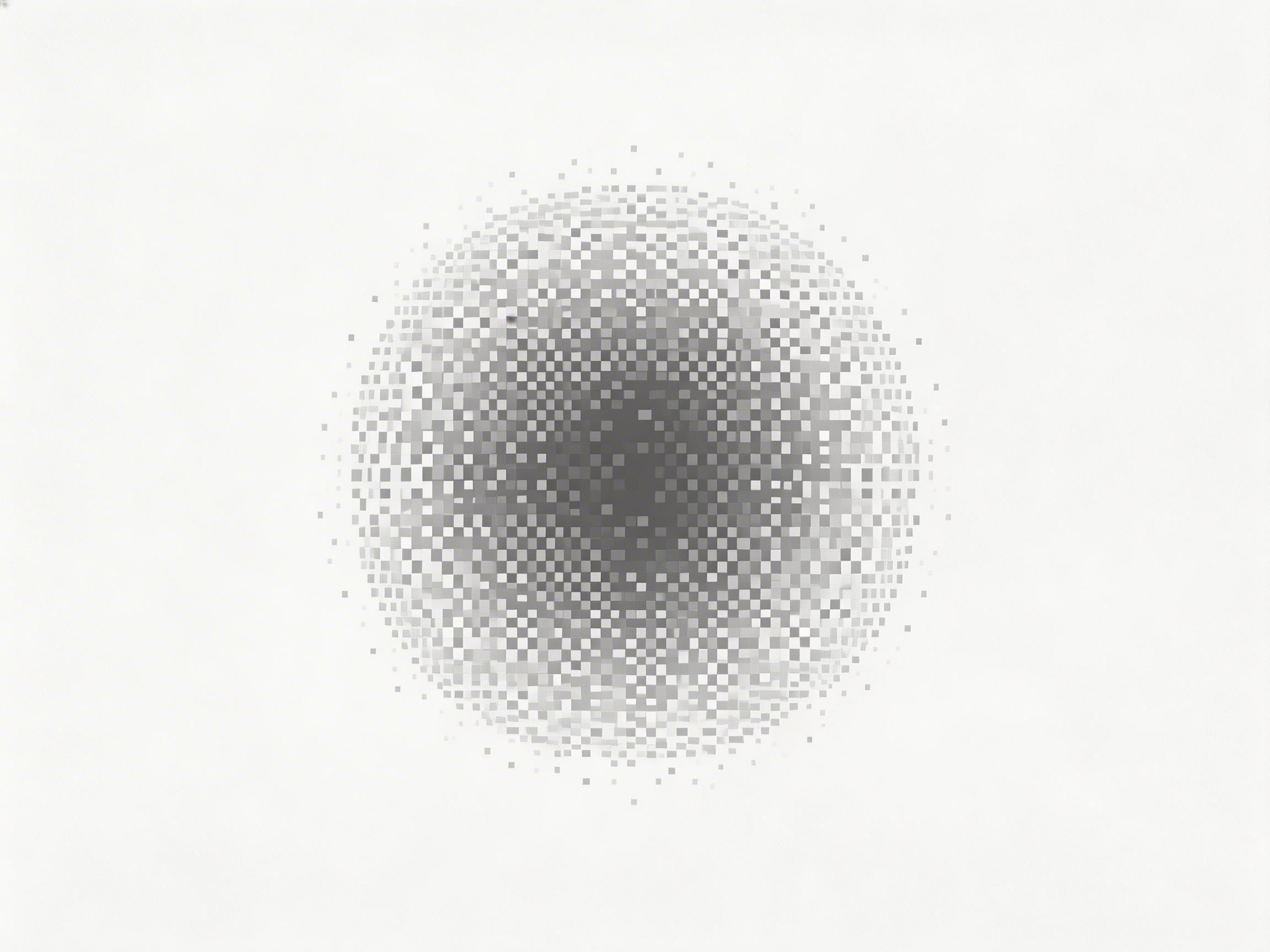 图中展示了一个位于纯白色背景中央的圆形抽象图案。这个圆形由无数细小的灰色和黑色像素方块组成，呈现出一种类似数字马赛克或像素化的视觉效果。圆心的颜色最深，呈深灰色，向边缘逐渐过渡为浅灰色，并最终以稀疏的零散方块消失在白色背景中，形成了一种柔和的渐变感和球体般的立体视觉。整体构图极简且对称，色调仅包含黑、白、灰三种颜色，给人一种冷静、科技或极简主义艺术的感觉。作为一张 AI 生成的图像，其明显的缺陷在于像素方块的分布并不完全遵循严谨的数学几何规律，边缘的方块散落显得有些随机且不均匀，部分区域的明暗过渡出现了轻微的色块断层，缺乏矢量图形那种绝对的精确度。此外，在图片的左上角边缘处，隐约可见一个极小的、未处理干净的深色杂点，这通常是 AI 生成背景时常见的瑕疵。