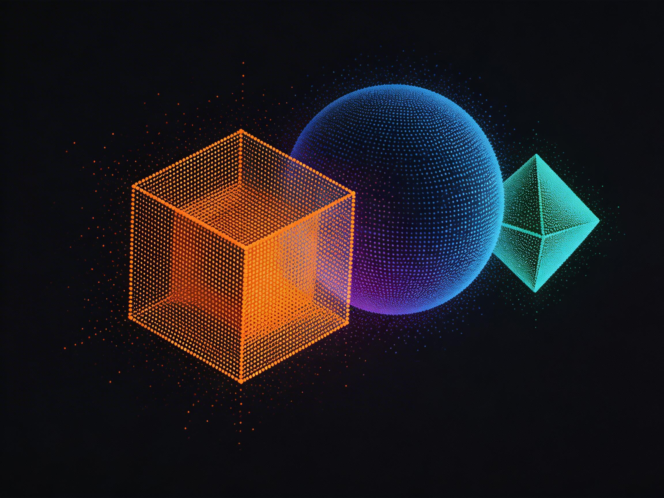 画面中展示了三个由发光点阵组成的几何体，悬浮在纯黑色的背景中，呈现出一种极简的科技感。从左到右依次是一个橙色的正方体、一个蓝紫色的球体以及一个青色的双角锥体。这些物体并非实心，而是由密集的微小圆点勾勒出轮廓与明暗，物体周围还散发着向外扩散的细碎光点，仿佛正在缓慢蒸发或释放能量。构图上，三个几何体呈斜向排列，橙色立方体位于最前方，占据了视觉重心。在 AI 生成的细节方面，可以观察到明显的透视逻辑异常：橙色立方体的内部线条与外部边缘交织，导致其空间结构显得扭曲且不合理；球体的点阵分布在边缘处略显杂乱，未能形成完美的圆弧；右侧的青色几何体形状模糊，难以辨认是精确的多面体还是不规则形状。此外，画面整体带有明显的胶片颗粒感。