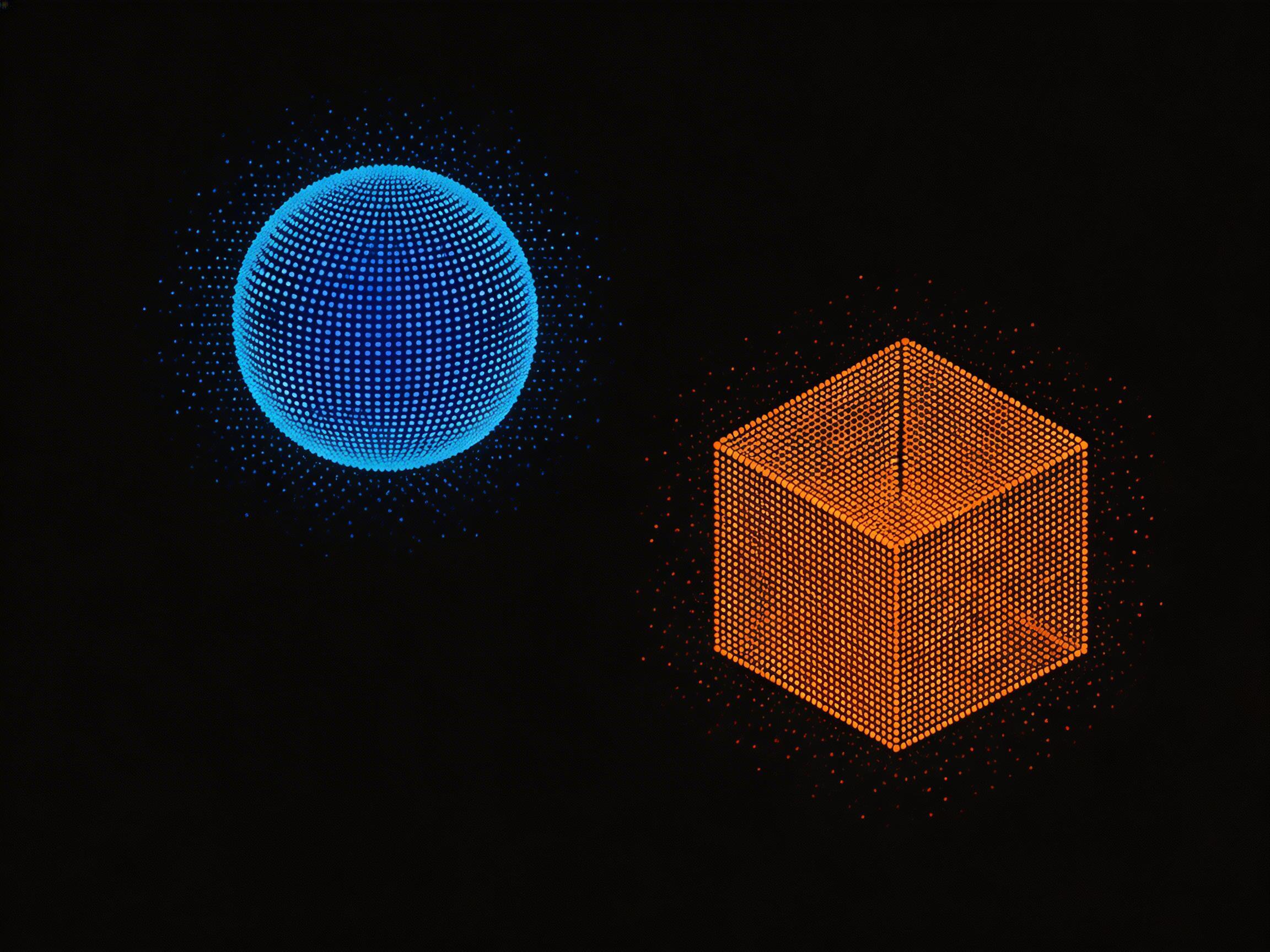 图中展示了两个由发光点阵构成的三维几何体，悬浮在纯黑色的背景中。左上方是一个明亮的蓝色球体，由无数细小的蓝色光点密集排列而成，球体表面呈现出由中心向外围逐渐变暗的球形阴影感，周围还环绕着一圈稀疏的蓝色光点，仿佛散发着微弱的星尘。右下方是一个橙色的立方体，同样由整齐的点阵组成，呈现出透视效果，其内部结构隐约可见，周围也伴有橙色的细碎光点。画面构图简洁，冷暖色调对比鲜明，具有强烈的科技感和数字化风格。在 AI 生成的细节方面，立方体的透视逻辑存在轻微异常，其内部线条与外部边缘的交汇处显得有些模糊，且球体与立方体周围的光点分布略显随机，缺乏自然的物理散射规律。