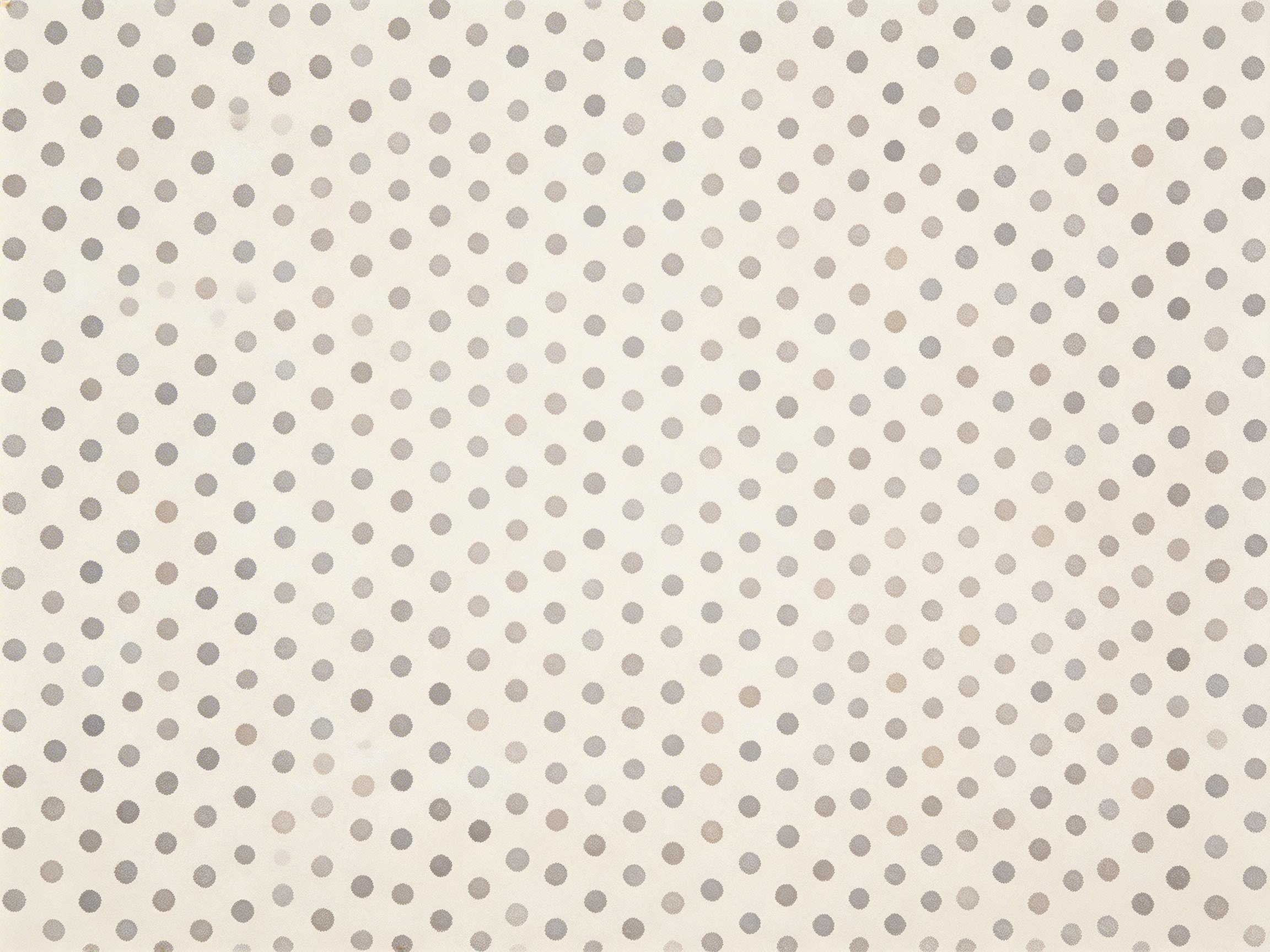 图中展示了一张以米白色为底色的波点纹理图案。画面中布满了排列相对整齐的圆形小点，圆点的颜色呈现出深浅不一的灰色和淡褐色，整体色调柔和、低饱和度，具有一种复古纸张或织物的质感。构图上采用了全覆盖的平铺设计，没有明确的中心主体。在 AI 生成的细节方面，可以观察到明显的逻辑缺陷：虽然圆点试图按照矩阵排列，但行与列的间距并不均匀，许多圆点的边缘呈现出不规则的锯齿状或模糊感。特别是在画面的左上角区域，部分圆点出现了重叠、粘连或形状扭曲的现象，甚至有些圆点看起来像是半透明的重影，这种排列的随机性和形状的不稳定性是典型的 AI 生成纹理瑕疵。