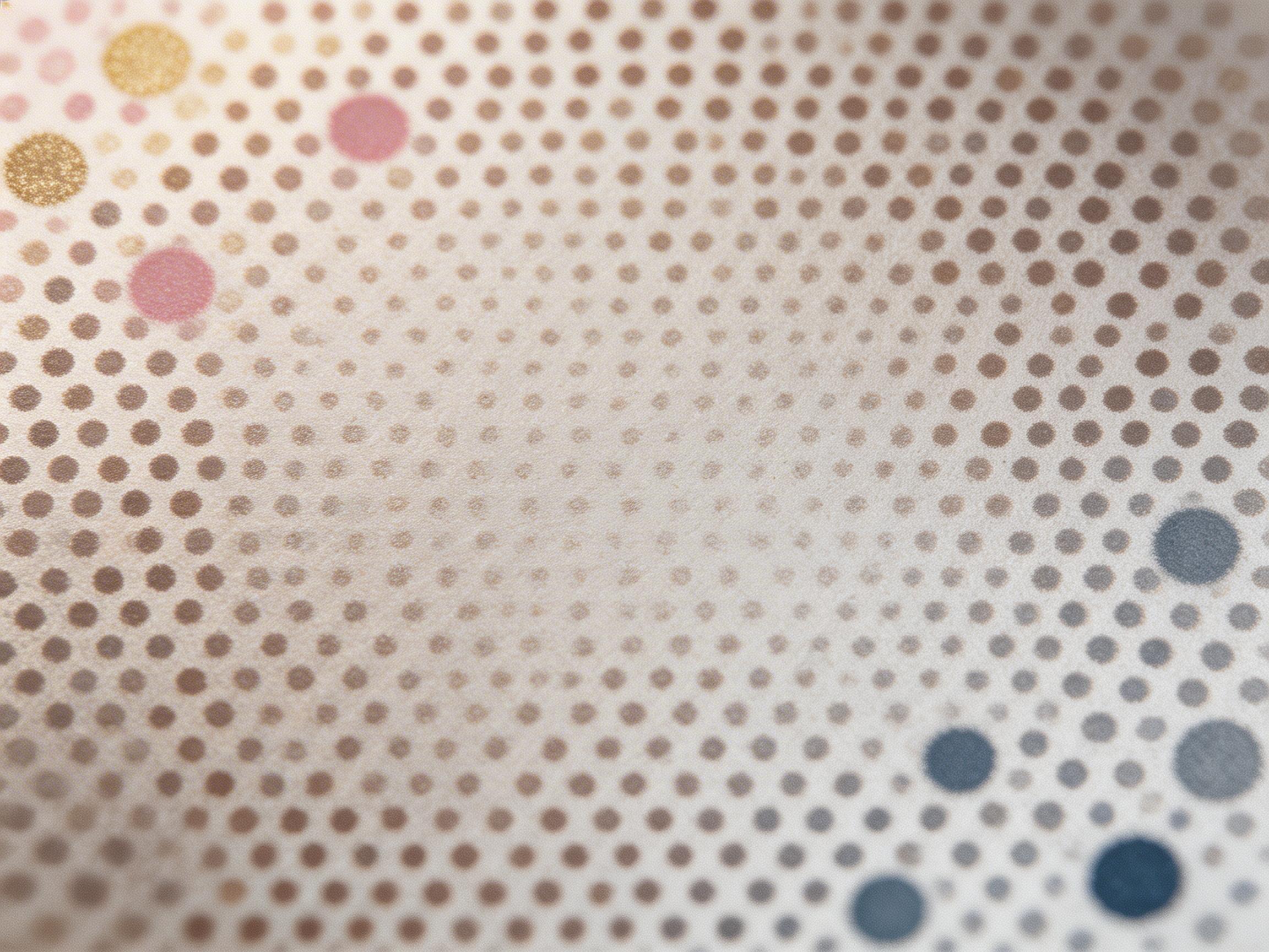 图中展示了一幅具有波普艺术风格的抽象波点纹理。画面以米白色为底色，其上布满了由无数细小圆点组成的半色调网点图案。这些小圆点主要呈现为浅棕色，并以一种类似螺旋或放射状的逻辑排列，形成了明暗交替的视觉深度感。在画面的左上角和右下角，点缀着一些较大的圆形色块，颜色包括淡粉色、金黄色和灰蓝色，为单调的底色增添了色彩跳跃感。整体构图呈现出一种微距摄影的虚化效果，边缘部分模糊，中心区域相对清晰。作为 AI 生成的图像，其明显的缺陷在于圆点的排列规律在局部出现了逻辑断层，部分圆点的边缘模糊得极不自然，且左上角彩色圆点的质感与背景网点融合得不够协调，显得有些生硬和漂浮。此外，画面左上角边缘处出现了一个微小的、不规则的彩色杂点像素，属于典型的 AI 生成噪点。