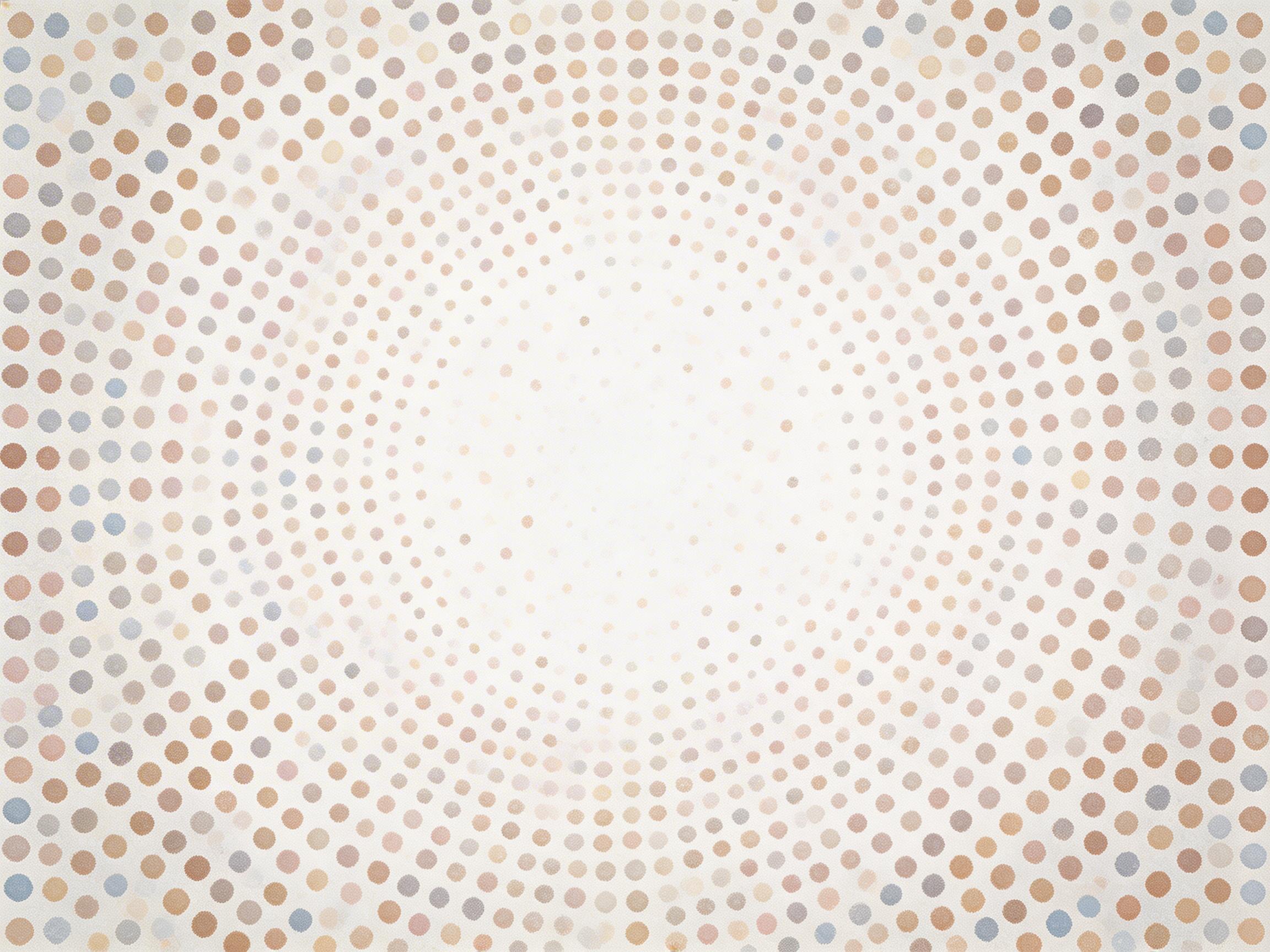 图中展示了一张具有复古质感的抽象背景图。画面以中心向外扩散的圆形阵列为主要构图，由无数细小的圆点组成。这些圆点在颜色上呈现出柔和的莫兰迪色系，包括浅棕色、灰蓝色、米色和淡灰色，整体色调温暖且低饱和度。圆点的大小从中心向边缘逐渐增大，形成了一种类似波纹扩散或隧道深处的视觉深度感。背景带有淡淡的米白色，并覆盖有一层类似画布或粗糙纸张的纹理，增添了怀旧的艺术气息。

作为一张 AI 生成的抽象图案，画面整体结构较为稳定，但在细节上存在一些明显的生成缺陷：在圆环的排列逻辑上，部分圆点的间距并不完全均匀，某些区域的圆点出现了重叠或形状扭曲，不再是完美的正圆形。此外，在画面中心区域，圆点的分布显得有些杂乱，缺乏严谨的数学几何美感，部分色块的边缘也出现了轻微的模糊和噪点。