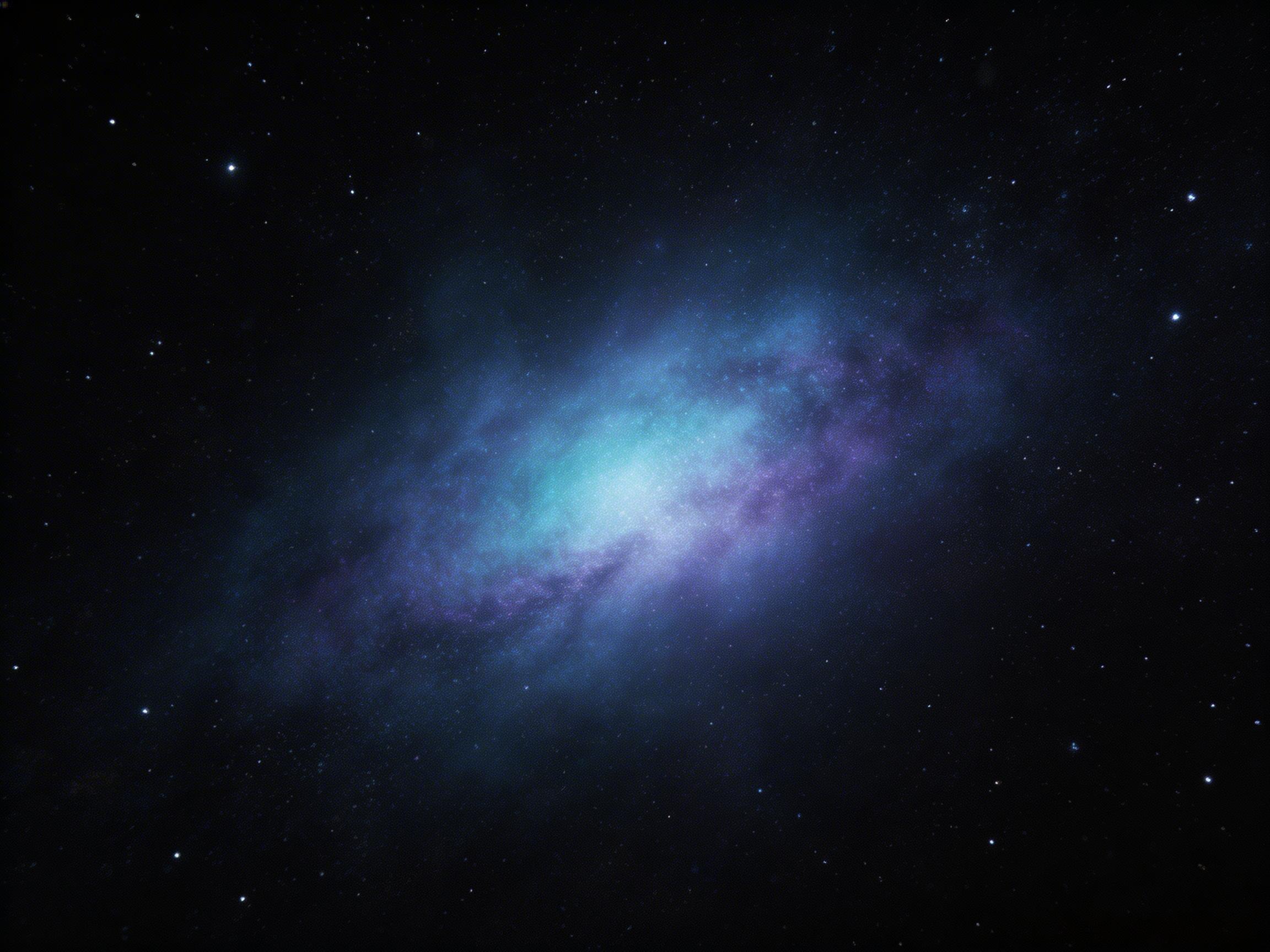 图中展现了一个深邃而辽阔的宇宙星系场景。画面中央是一个呈斜向分布的椭圆形旋涡星系，核心区域散发出明亮的浅蓝色和白色光芒，仿佛是星系的能量中心。向外扩散的云雾状星云呈现出丰富的蓝色、青色和淡紫色渐变，质感细腻如烟。背景是漆黑的深空，点缀着无数细小如尘埃的恒星，其中几颗较大的星星闪烁着冷白色的光点，增加了画面的空间深度感。构图平衡，视觉焦点集中在中央明亮的星云上。作为 AI 生成的图像，其缺陷在于星系的结构缺乏真实天文摄影中的螺旋臂细节，星云的边缘过渡略显模糊，且背景中的星星分布过于均匀，缺乏真实星空那种疏密有致的自然随机感，整体更像是一幅艺术化的数字绘画而非实拍深空天体。