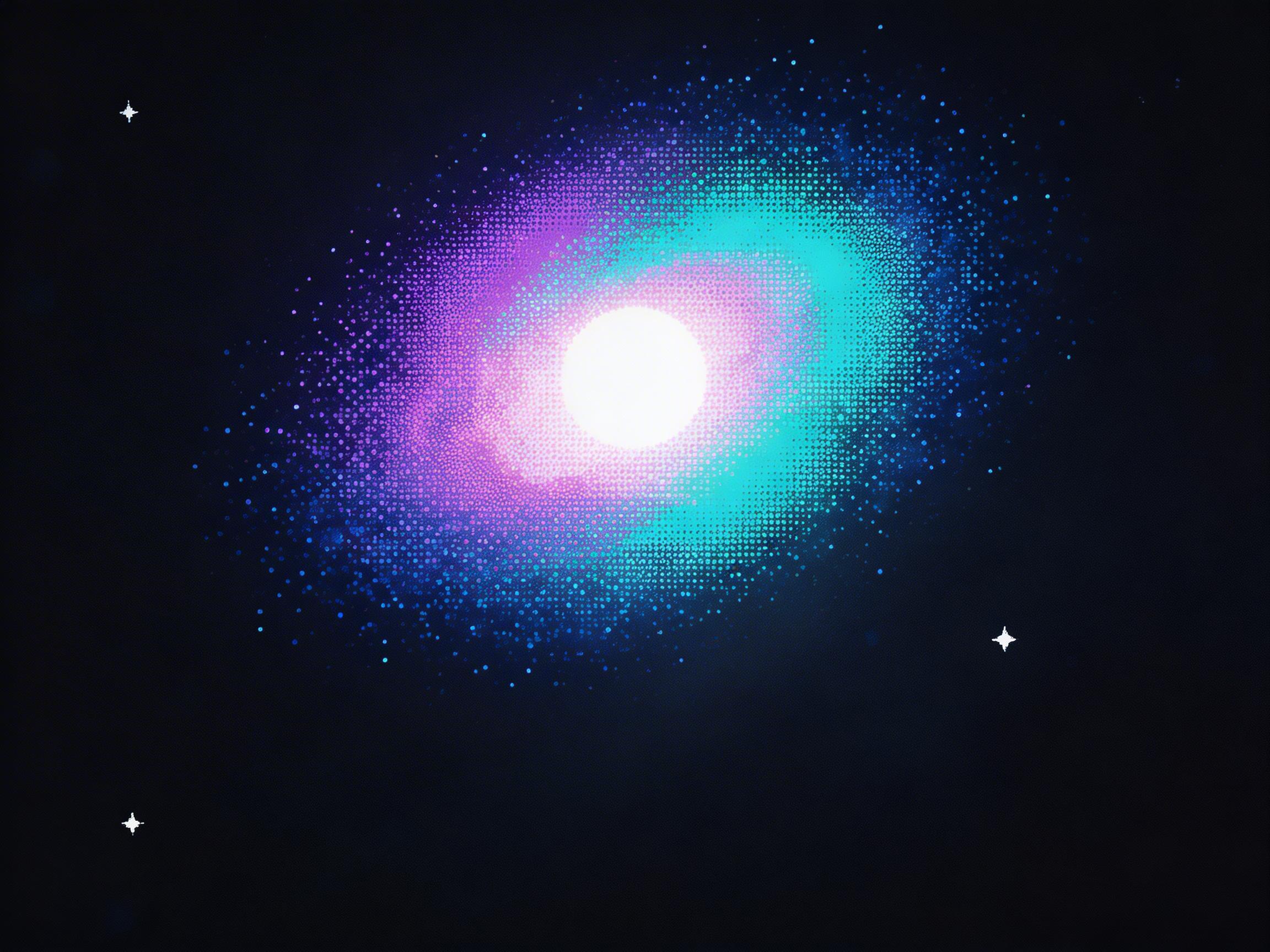图中展示了一个以深黑色为背景的抽象星系景观。画面中心是一个明亮的白色圆形发光体，仿佛一颗核心恒星，散发出柔和的白光。围绕中心的是一个呈椭圆形分布的螺旋状星云，色彩由内向外从明亮的粉紫色过渡到深邃的青蓝色。整个星云采用了独特的半色调点阵艺术风格，由无数细小的圆点组成，营造出一种复古印刷或像素画的视觉质感。在漆黑的背景中，零星分布着几颗白色的四角星，构图简洁且具有科技感。

作为 AI 生成的图像，画面存在一些明显的逻辑缺陷：背景中的三颗四角星形状过于僵硬且边缘粗糙，看起来像是后期粘贴上去的贴纸，缺乏真实星体的光晕效果。此外，星云边缘的点阵分布在某些区域显得过于机械和规整，缺乏自然天体应有的随机性和层次感，使得整体透视略显扁平。