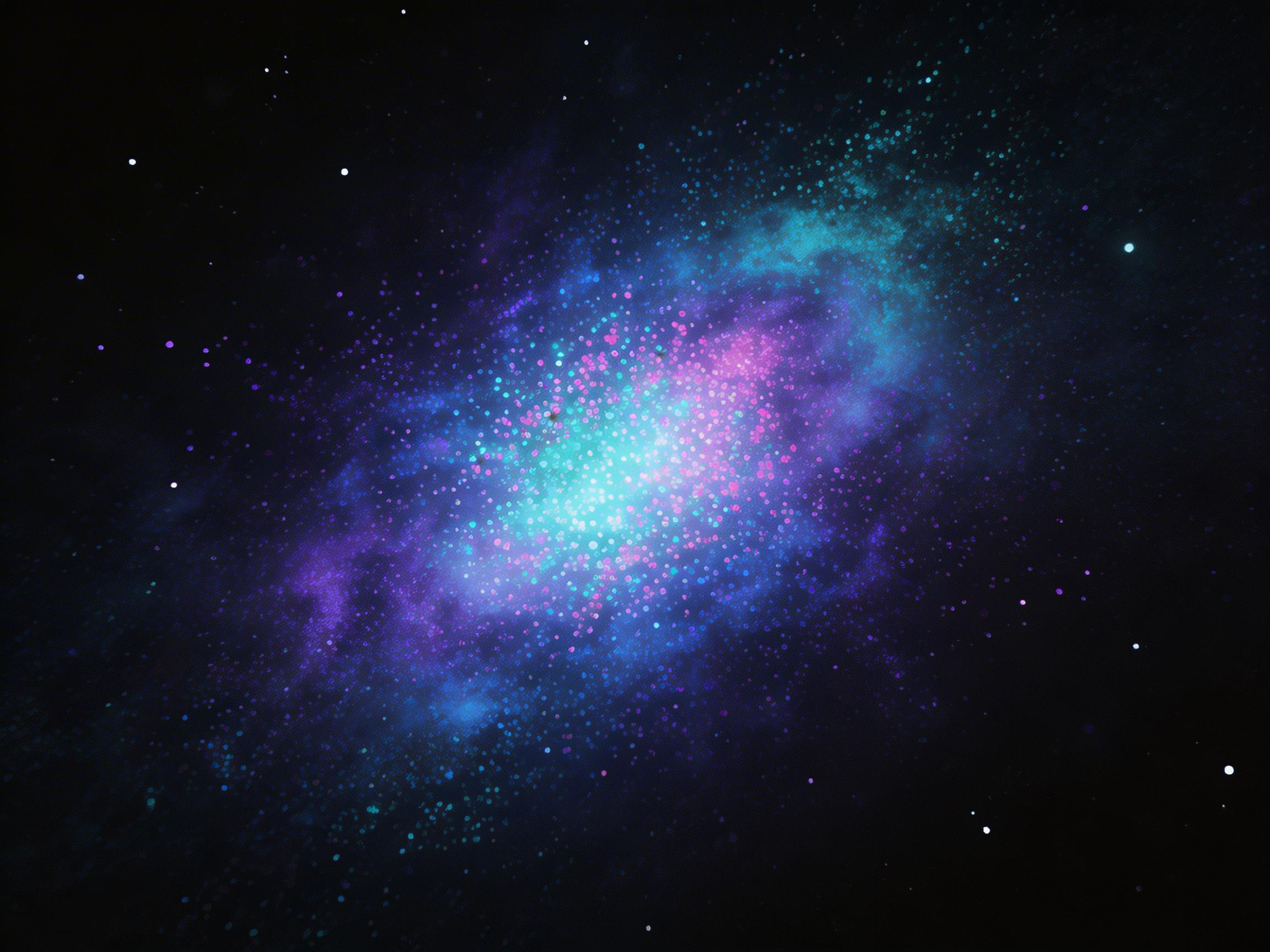 画面中呈现了一幅深邃而绚丽的星系景观，背景是纯净的黑色深空。图像中心是一个倾斜分布的椭圆形星云，由无数细小的光点汇聚而成。色彩从核心明亮的浅青色向外扩散，逐渐过渡为浓郁的宝蓝色、紫色以及点缀其间的粉色。这些色彩交织在一起，形成了类似极光般的梦幻烟雾感。星云的边缘散布着许多细碎的颗粒，像是撒在黑色幕布上的彩色尘埃。在星云之外的黑暗区域，还零星分布着几颗较大的白色亮点，模拟远处的恒星。从 AI 生成的角度来看，画面存在明显的逻辑缺陷：星云中的光点分布过于均匀且呈现出一种不自然的网格感或像素化纹理，缺乏真实天体摄影中恒星随机分布的自然质感；此外，部分光点的边缘过于锐利，与背景烟雾的融合显得生硬，透视关系也略显平面化。