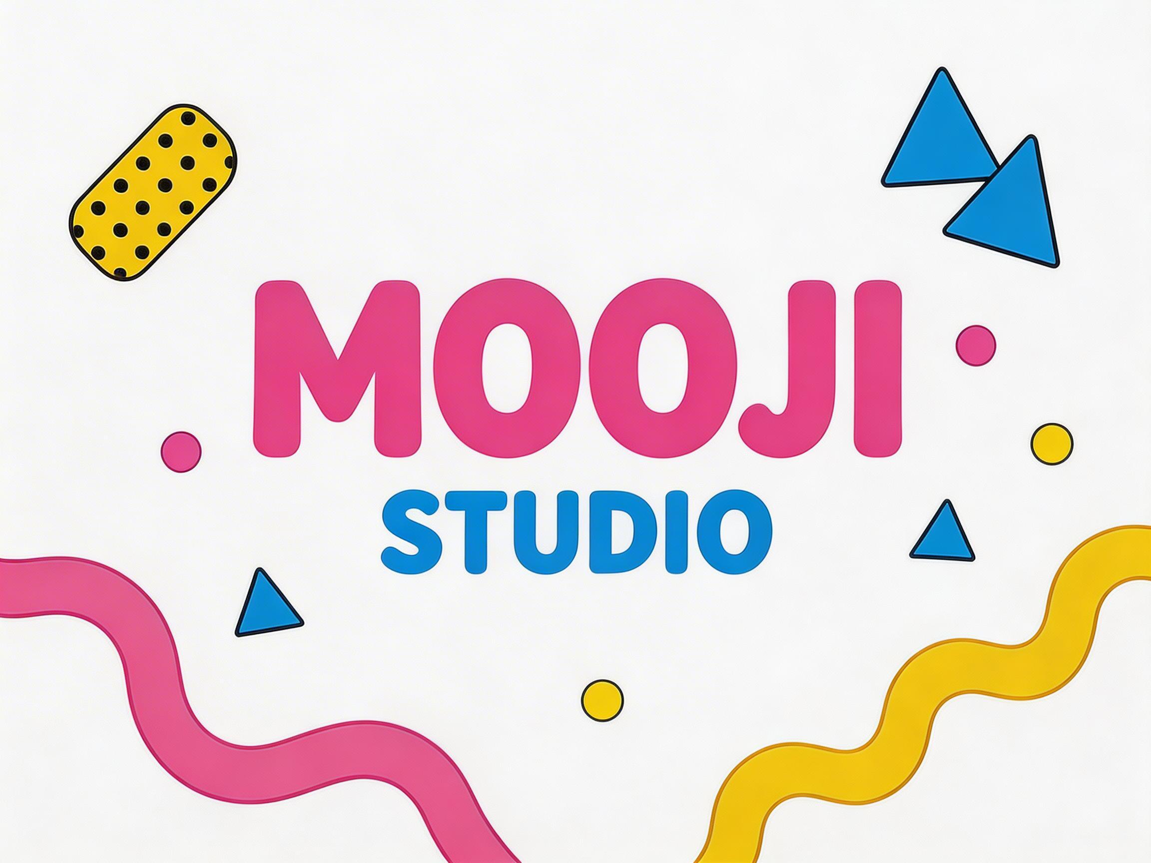 图中展示了一张具有孟菲斯设计风格的平面标志。画面背景为纯白色，中心位置排列着两行文字：上方是加粗的粉红色大写字母“MOOJI”，下方是稍小一些的蓝色大写字母“STUDIO”。文字周围散布着各种色彩鲜艳的几何图形，包括左上角一个布满黑色圆点的黄色胶囊形图案，右上角两个重叠的蓝色三角形，以及底部两条呈波浪状延伸的粉色和黄色线条。此外，画面中还点缀着一些粉色实心圆点、蓝色小三角形和黄色空心圆圈。整体色调明快，充满活力。作为 AI 生成的图像，其缺陷在于文字边缘略显生硬，且右下角的黄色波浪线在画幅边缘处截断得比较突兀，缺乏自然的延伸感，部分小图形的黑色描边粗细略有不均。