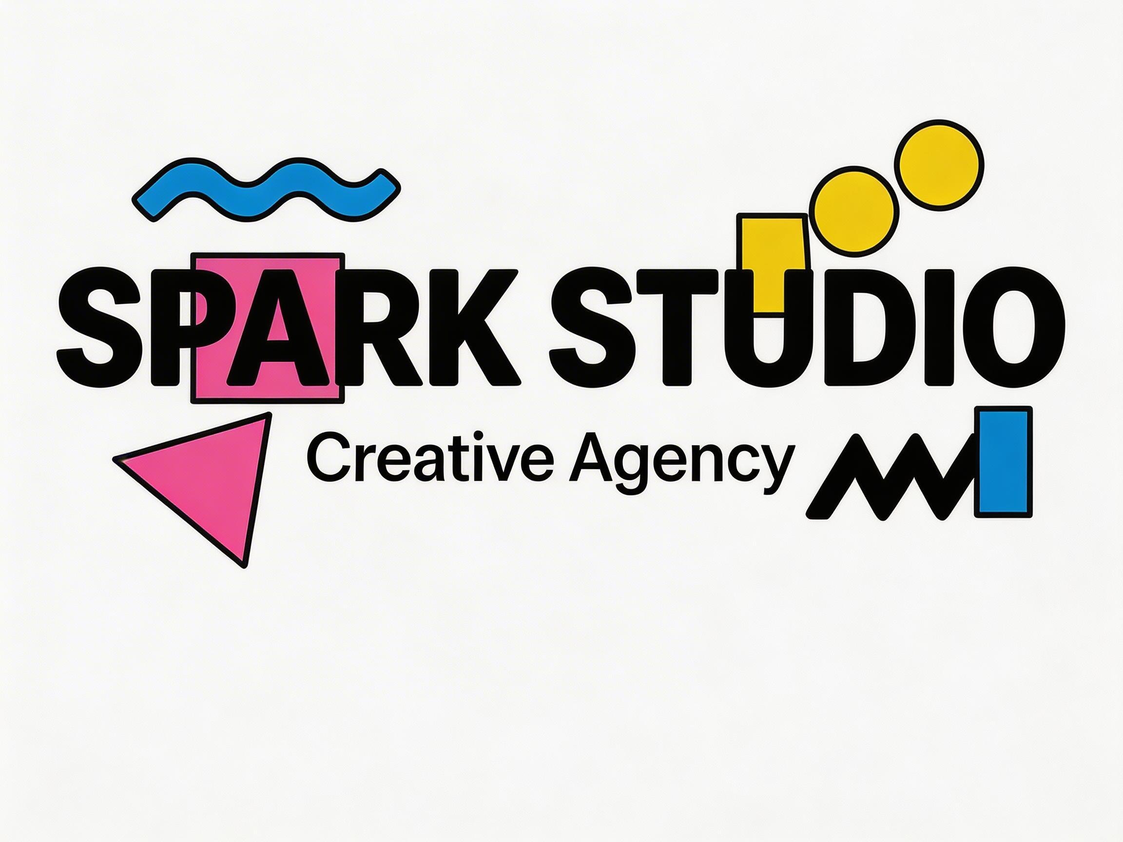 图中展示了一个具有孟菲斯设计风格的创意机构标志。画面中央是加粗的黑色无衬线字体，写着“SPARK STUDIO”，下方配有较细的文字“Creative Agency”。背景为纯净的浅灰色。设计中融入了多种高饱和度的几何色块：左上方有一条蓝色的波浪线，字母“P”和“A”之间叠放着一个粉色正方形，左下方是一个粉色倒三角形。右侧字母“U”上方有两个黄色圆圈和一个小方块，右下角则有一个黑色的折线图形紧邻着蓝色长方形。

作为 AI 生成的图像，画面存在明显的逻辑与细节缺陷：字母“P”和“A”的笔画与粉色方块重叠处显得生硬且不完整，破坏了字体的结构；右侧“STUDIO”上方的黄色几何图形排列杂乱，缺乏设计对齐感；右下角的黑色折线与蓝色长方形连接处有明显的像素毛刺和透视不均。此外，整体构图略显局促，部分几何元素的边缘处理不够平滑。