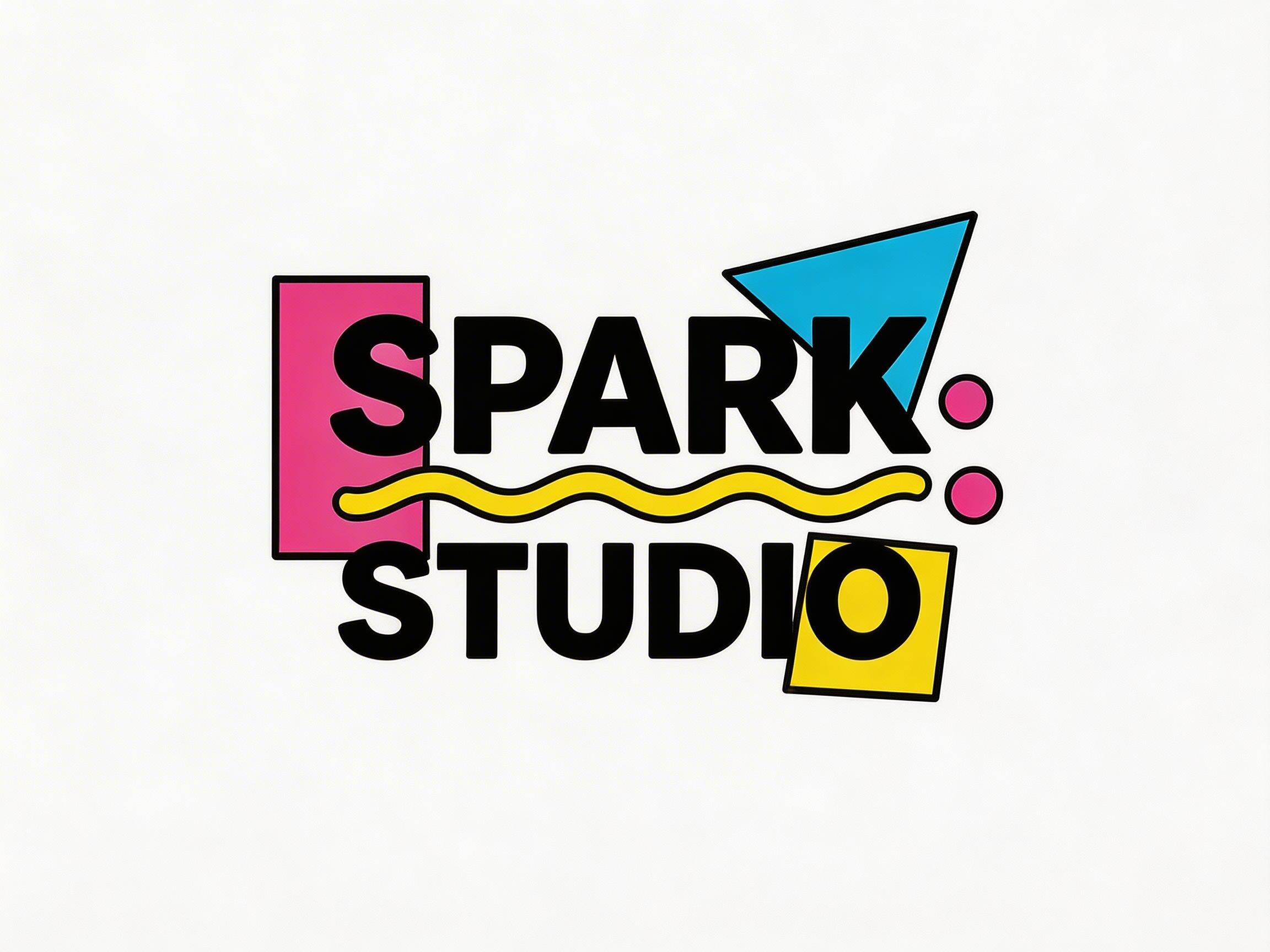 图中展示了一个具有 80 年代孟菲斯设计风格的平面标志，背景为纯净的米白色。画面中心是两行黑色的粗体无衬线文字，上方为“SPARK”，下方为“STUDIO”。文字周围穿插着各种高饱和度的几何图形：左侧是一个粉色长方形，右上角是一个蓝色三角形，右下角则是一个黄色正方形，此外还有几个粉色的小圆点点缀其中。一条亮黄色的波浪线横贯在两行文字之间，增加了画面的动感。整体构图简洁，色彩对比鲜明，充满活力。在 AI 生成的细节方面，可以观察到文字与几何图形的遮挡关系略显生硬，例如左侧粉色色块与字母“S”的边缘重叠处显得不够自然，且黄色波浪线的末端与字母的衔接处存在轻微的线条断裂感，但整体文字拼写正确，视觉风格统一。