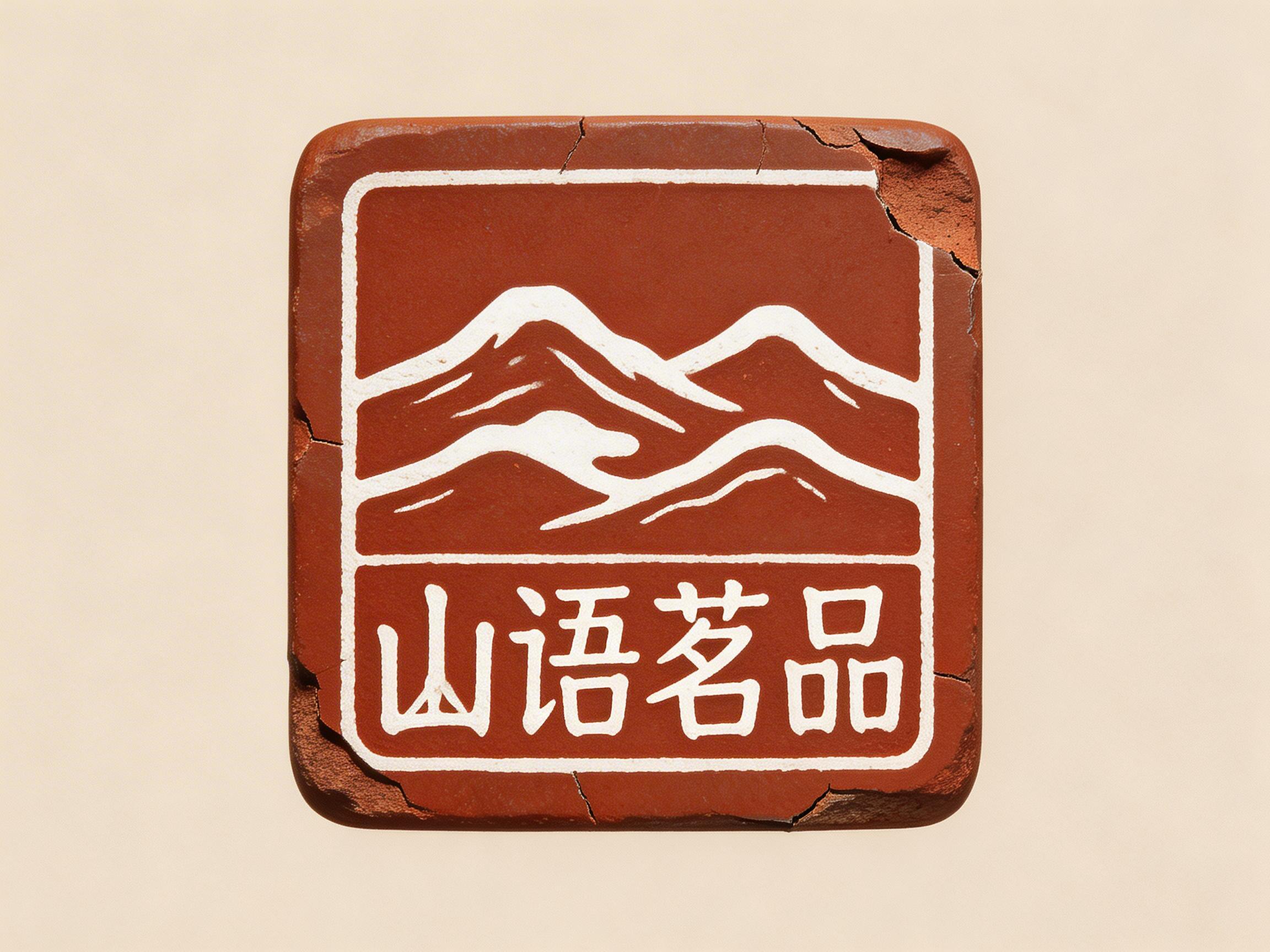 图中展示了一个呈正方形、圆角的红褐色陶砖或印章，背景为干净的米色。陶砖表面带有自然的磨损、裂纹和右上角的缺损，呈现出一种古朴的质感。砖面中心由白色线条勾勒出图案和文字，分为上下两部分：上半部分是连绵起伏的山峦简笔画，线条简洁流畅；下半部分在一个长方形框内，写有“山语茗品”四个白色简体中文字，字体风格介于黑体与书法之间。整体构图居中，色彩对比鲜明，红褐色与白色的搭配具有浓厚的传统文化气息。作为 AI 生成的图片，画面中的文字虽然清晰可辨，但“茗”字下方的“口”部线条略显生硬且闭合不自然，山峦线条的交汇处也存在细微的逻辑断层，且陶砖边缘的裂纹分布过于均匀，带有明显的数字模拟痕迹。