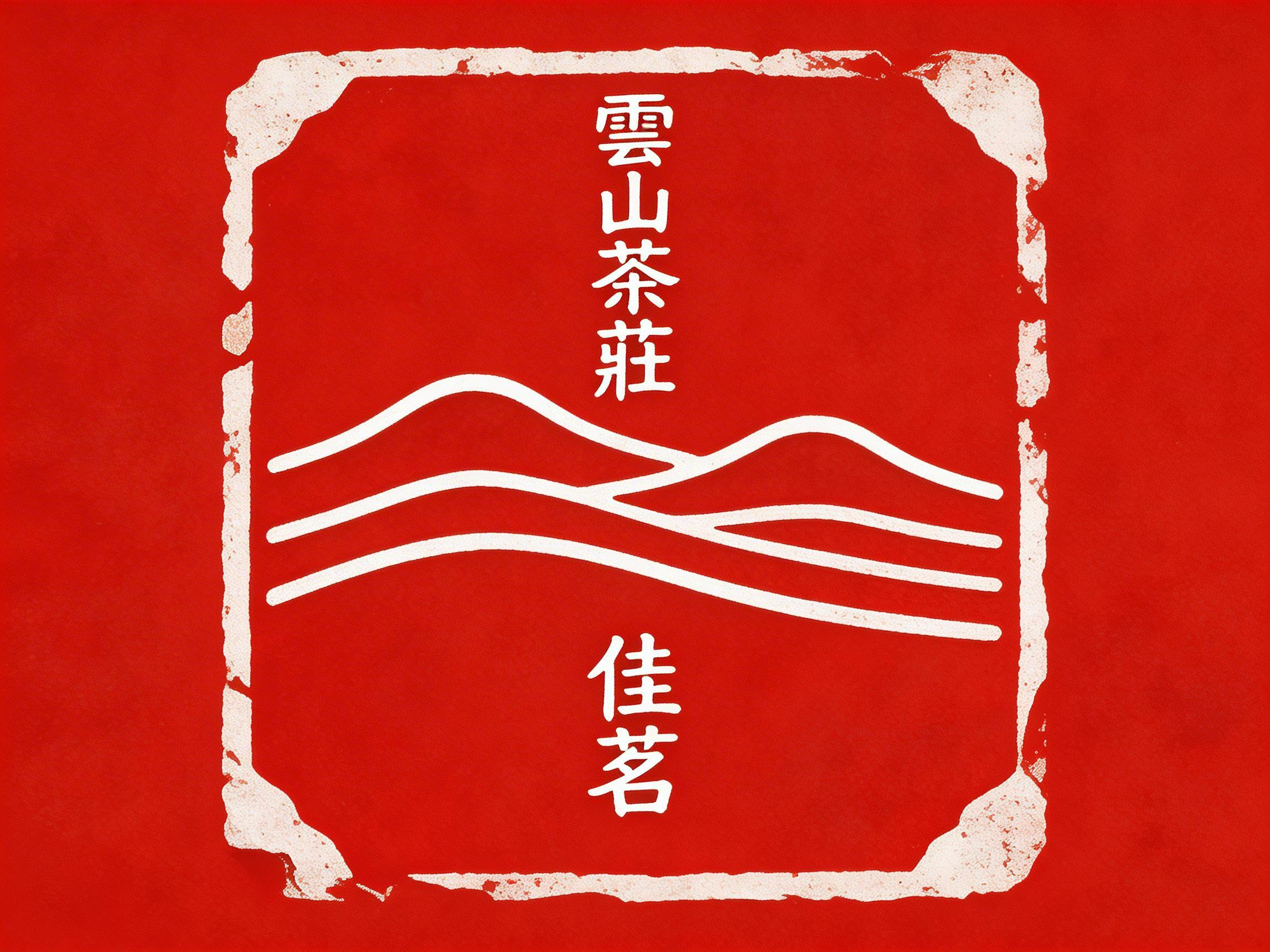 画面中呈现的是一张模仿中国传统印章风格的平面设计图。背景为鲜艳的正红色，中心是一个带有白色斑驳边框的正方形区域，边框呈现出类似金石篆刻的自然残缺感。正方形内部，上方竖排排列着白色的繁体中文字“雲山茶莊”，下方则竖排排列着“佳茗”二字。文字之间由几条简约的白色曲线横向贯穿，勾勒出起伏的山峦或茶田的意象。整体构图对称平衡，色彩对比强烈，具有浓厚的文化韵味。在 AI 生成的细节方面，可以观察到文字的笔画边缘略显模糊，且中间的山峦线条在交汇处逻辑不够严密，线条的粗细分布略有不均，边框的斑驳纹理在局部显得有些机械重复，而非完全自然的石刻磨损痕迹。